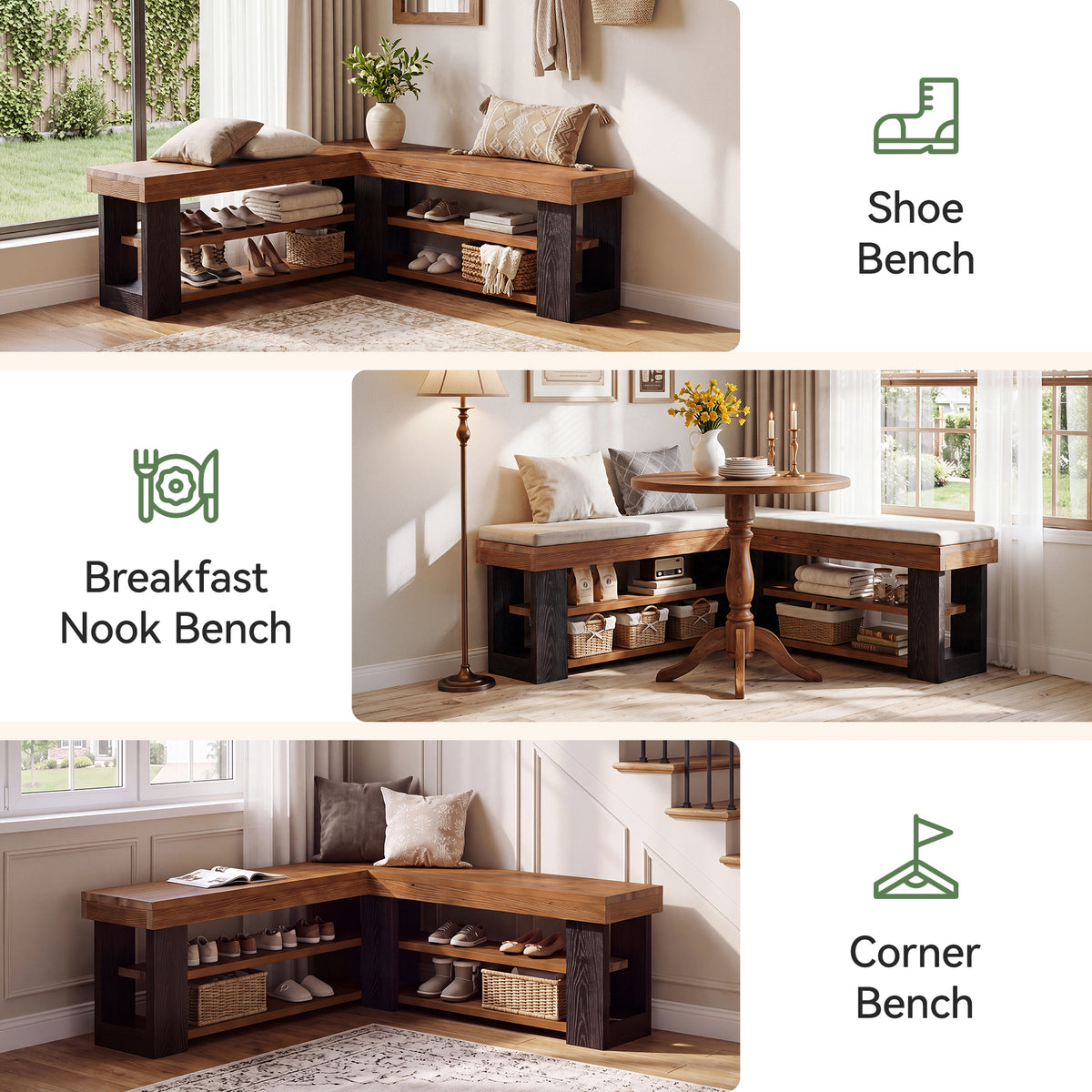 47" L-Shaped Corner Bench, 3-Tier Solid Wood Entryway Bench, Hallway Mudroom