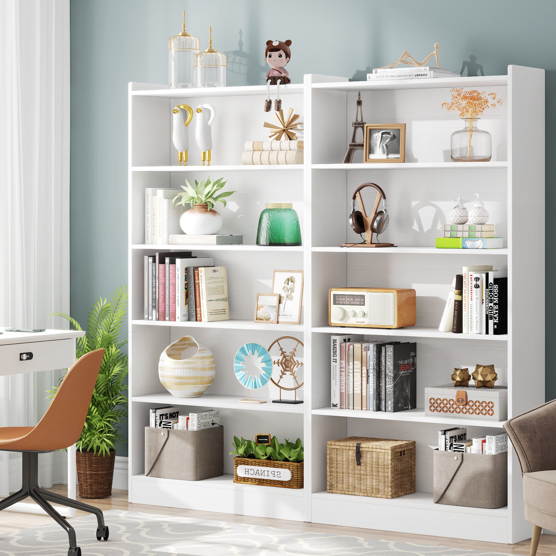 72" Tall Bookcase with 6 Open Shelves, Freestanding Wood Bookshelf