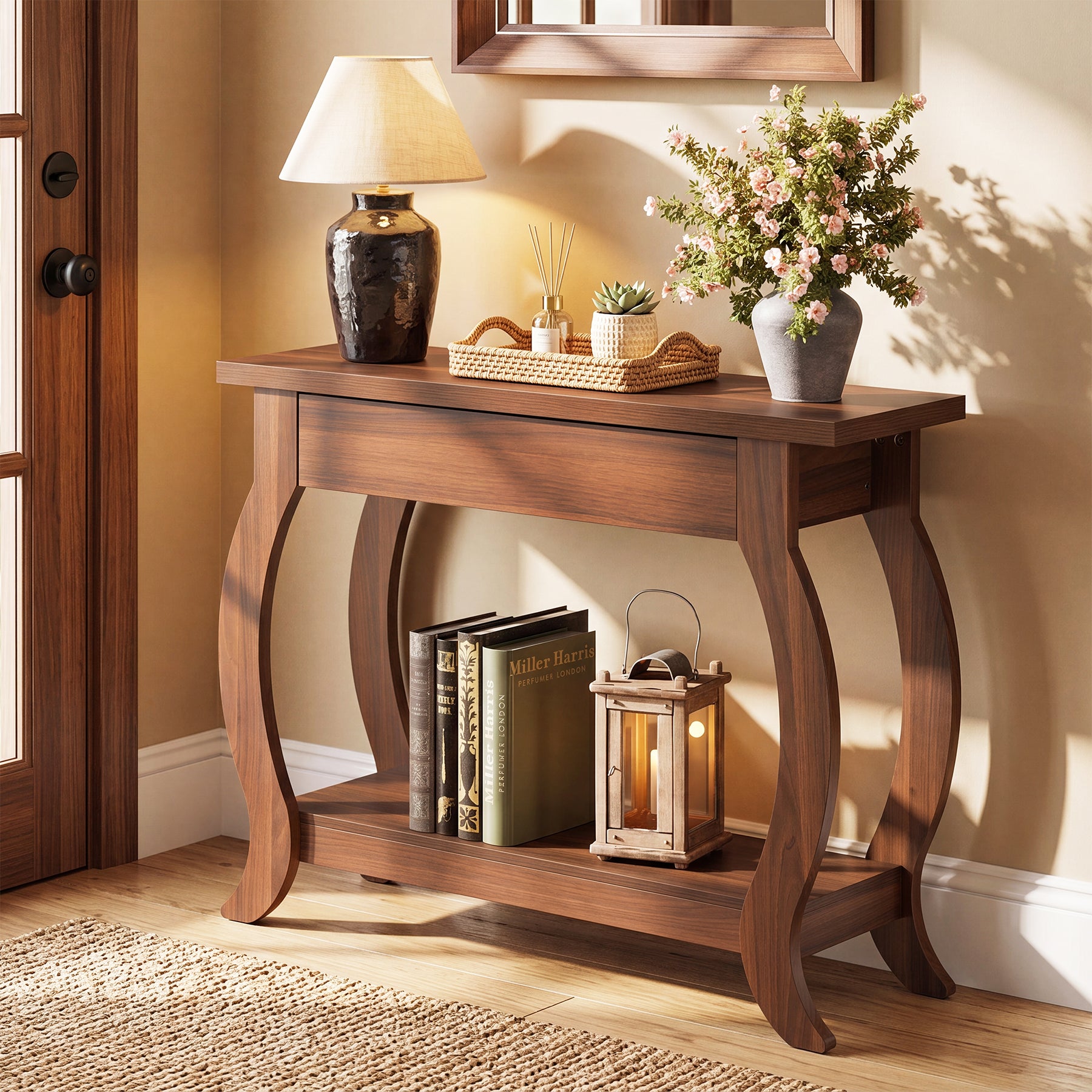 41.3" Console Table with Curved Legs, Farmhouse Sofa Table with Drawer and Shelf