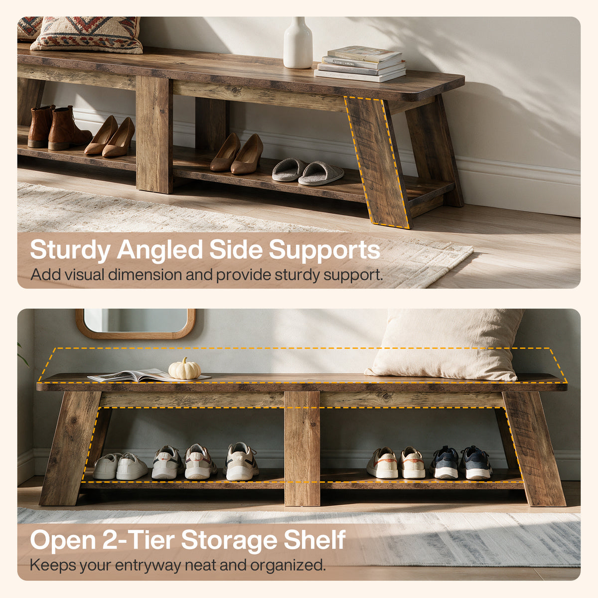 71" Entryway Bench, 2-Tier Shoe Bench with Trapezoid-Style Legs for Hallway