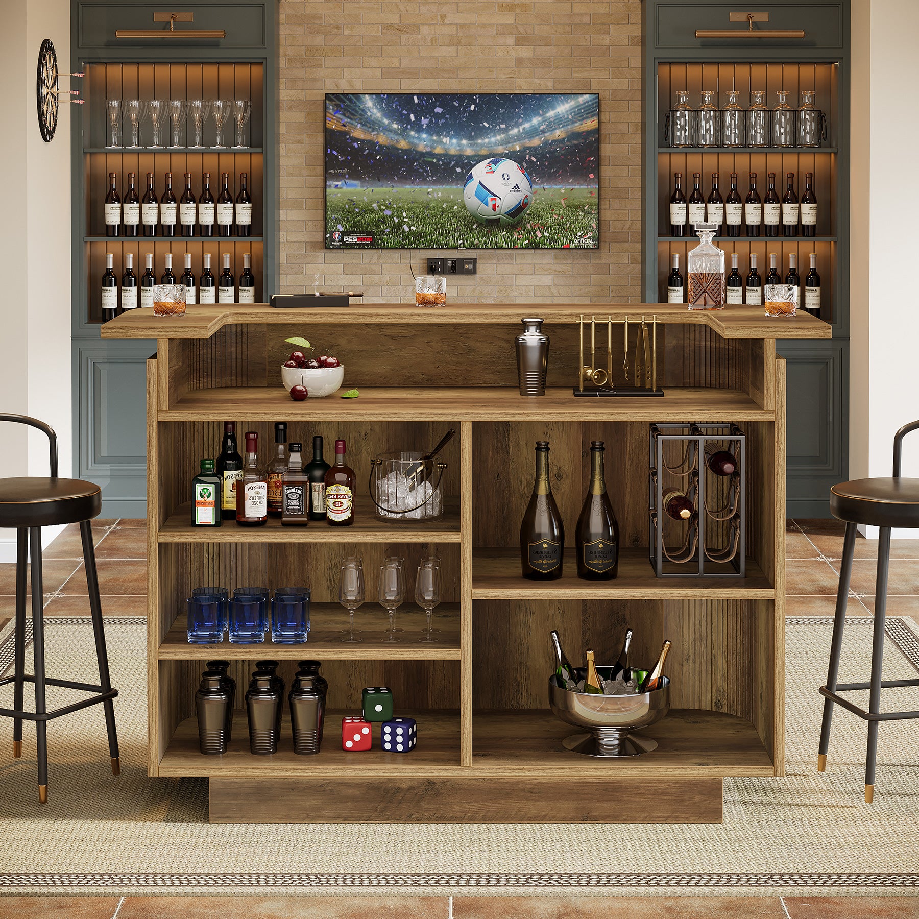 53.5" Home Bar Table, 5-Tier U-Shaped Counter Height Pub Table with 5 Cubbies Storage