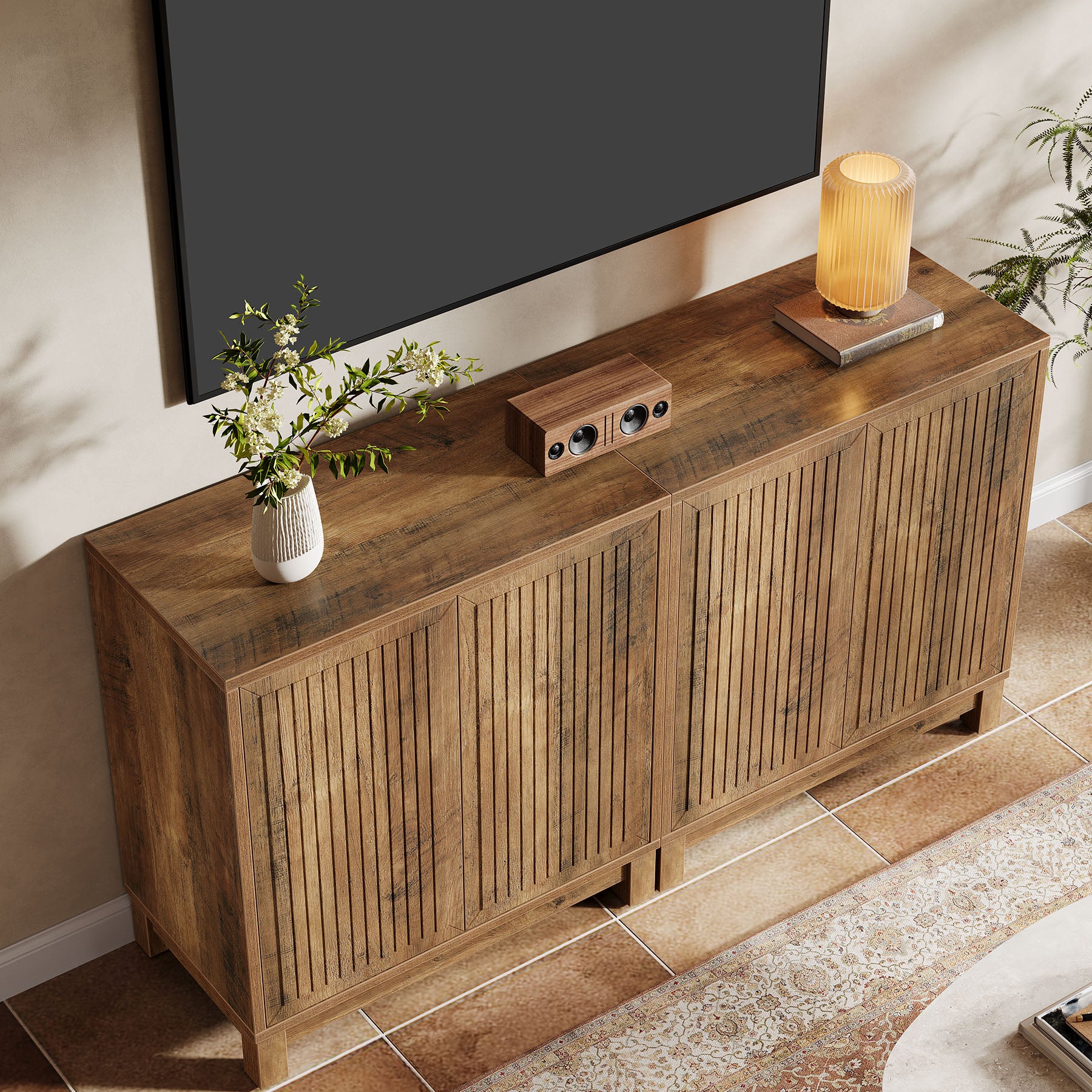 Fluted Sideboard Buffet Cabinet with Adjustable Shelves & 4 Push-Spring Doors