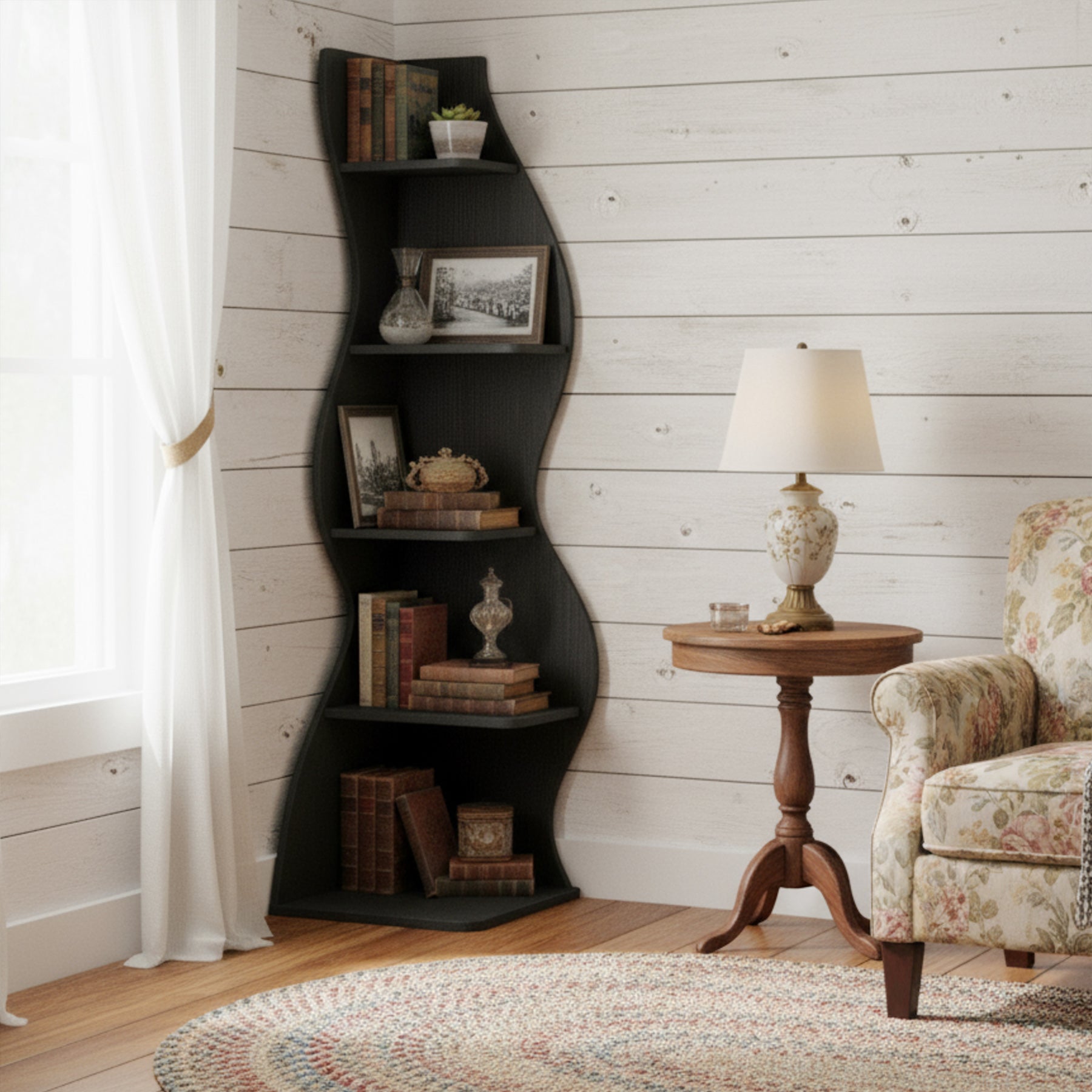 5-Tier Corner Bookcase, Rustic Freestanding Corner Shelf for Small Spaces