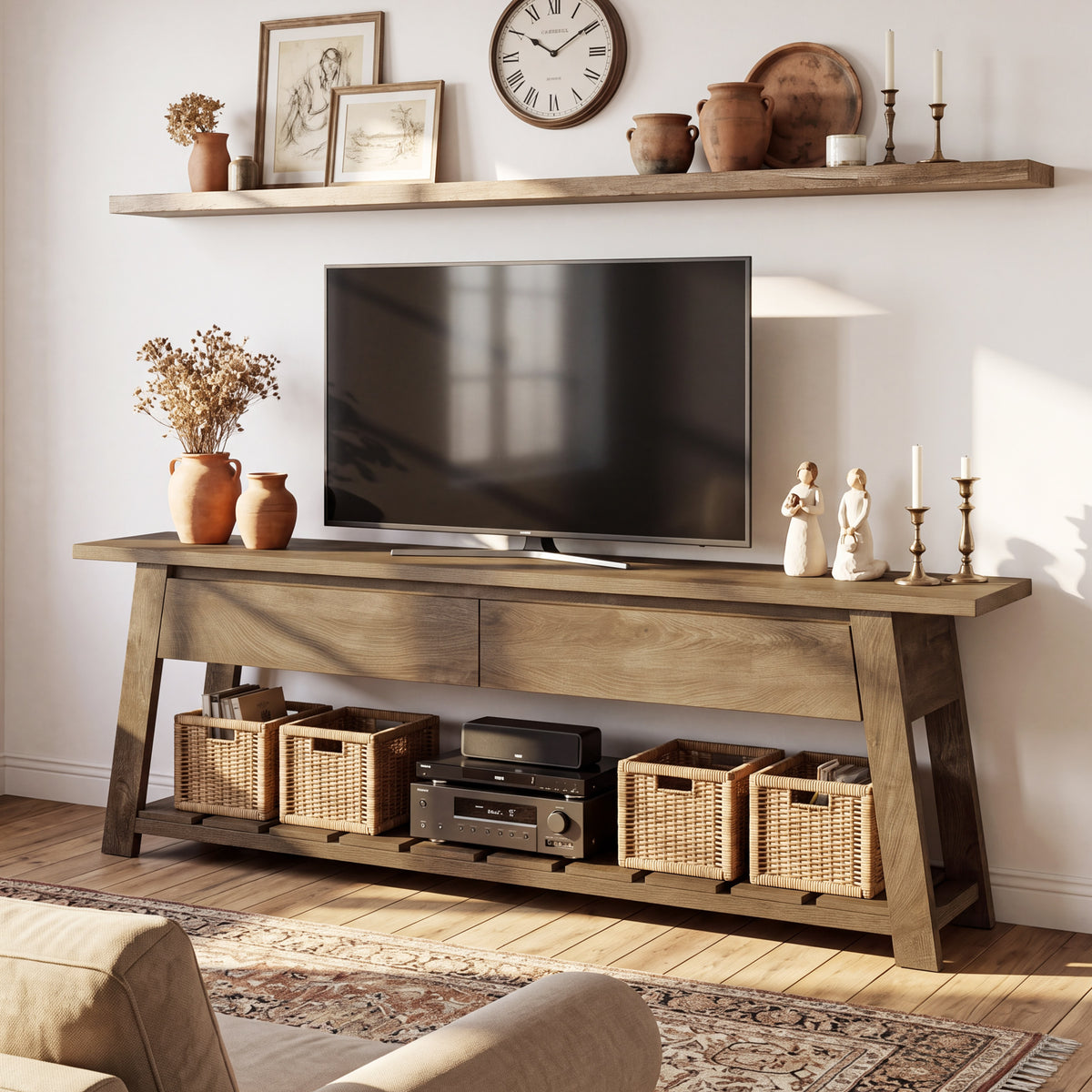 63" TV Stand with 2 Storage Drawers for 65"TV, Entertainment Center with Slatted Shelf