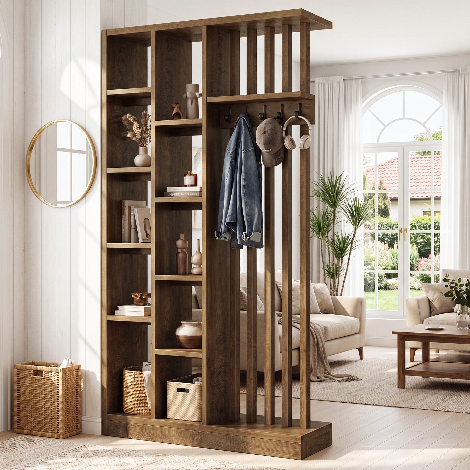 70.9" Wall Room Divider, Freestanding Privacy Screen Partition with Shelves & Coat Hooks