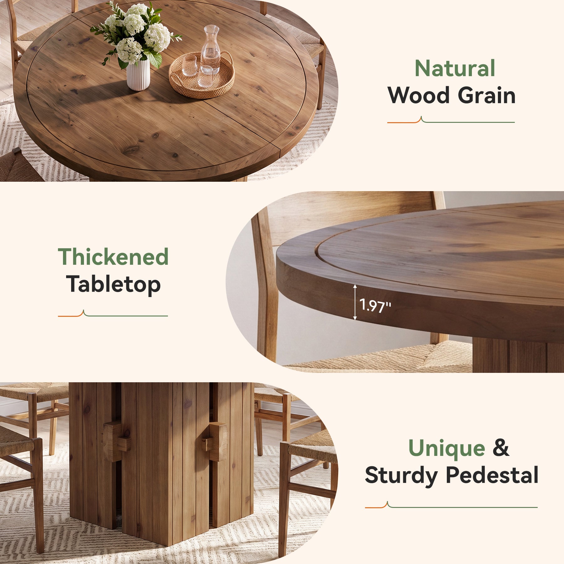 47" Solid Wood Dining Table, Farmhouse Round Kitchen Table for 4-6