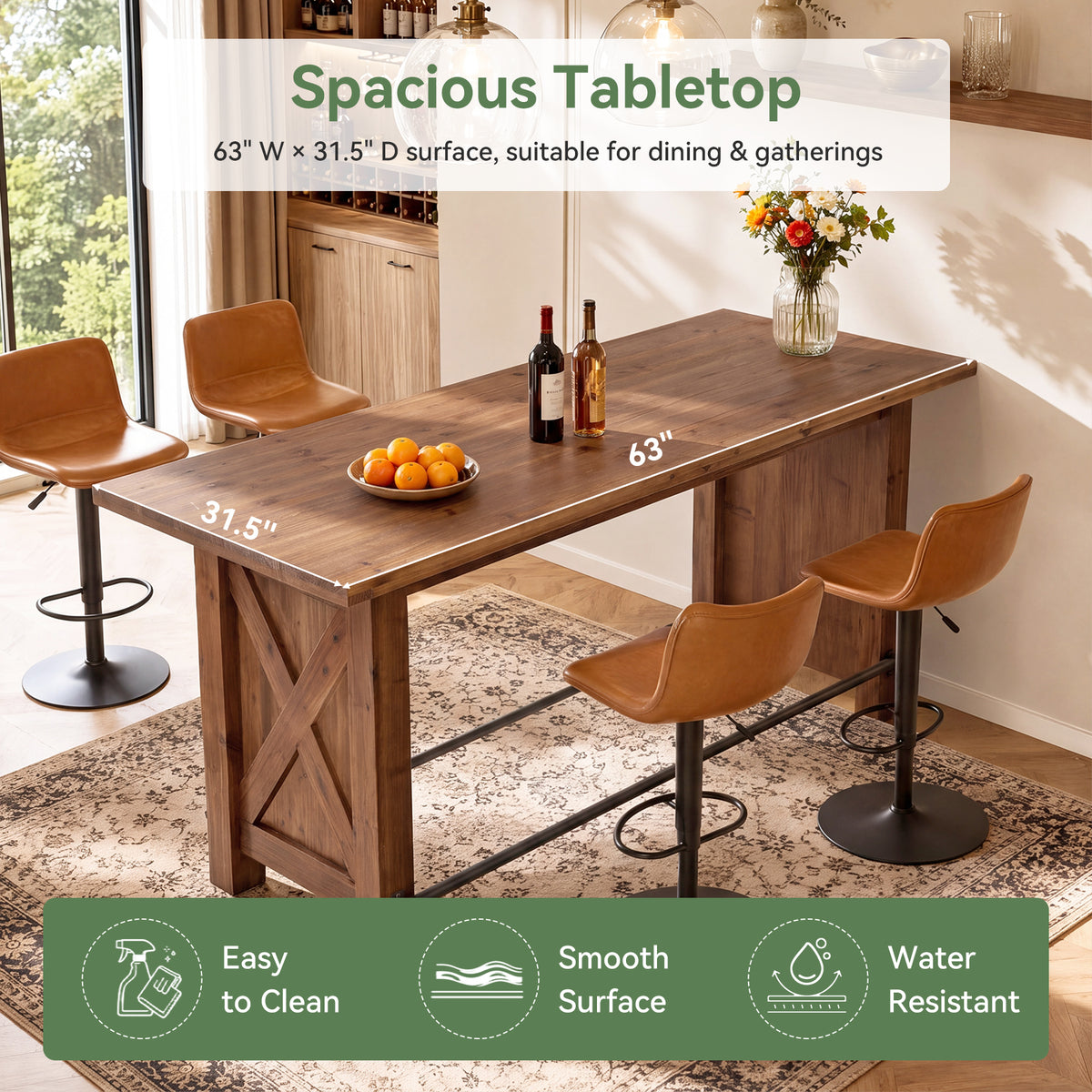 63" Solid Wood Counter Height Bar Table with Footrest, Rectangular Pub Table