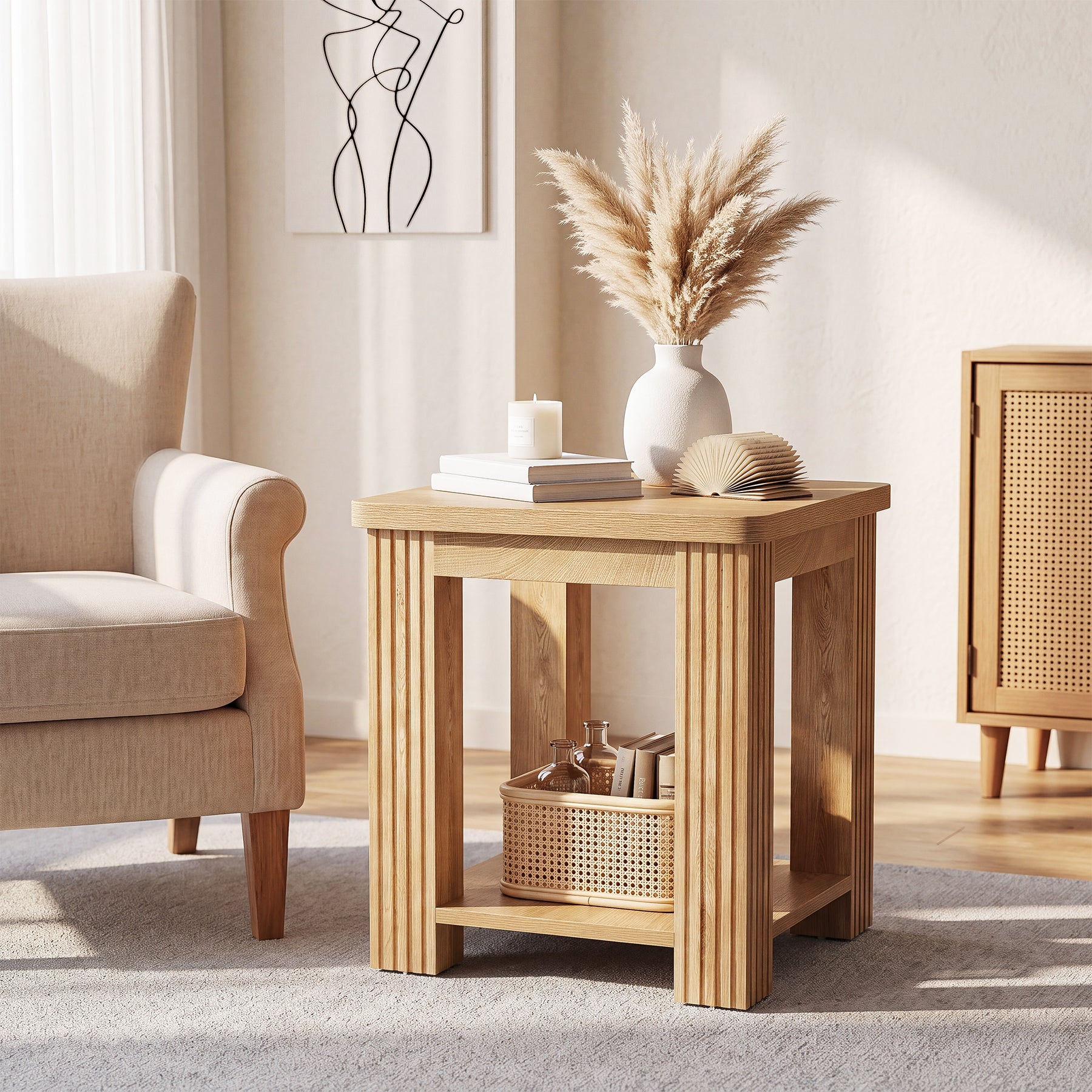 19.7" Square End Table with Storage, Farmhouse Side Table for Living Room, Bedroom