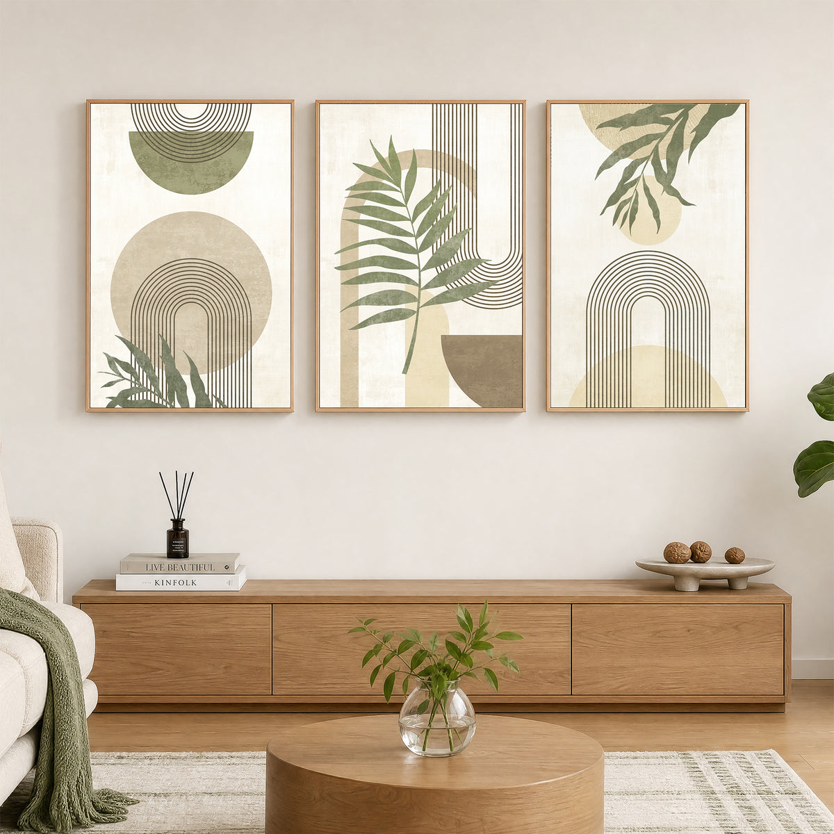 Large Boho Geometric Modern Canvas Wall Art, Farmhouse Botanical Picture Hanging Artwork for Bedroom Bathroom Office Decor