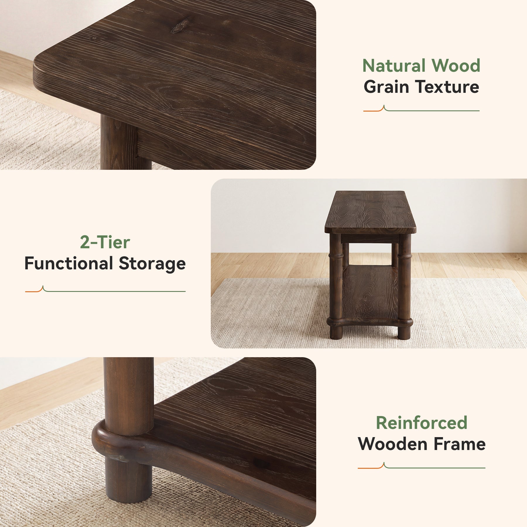 55" Farmhouse Dining Bench, Solid Wood 2-Tier, Kitchen Bench, Dining Room