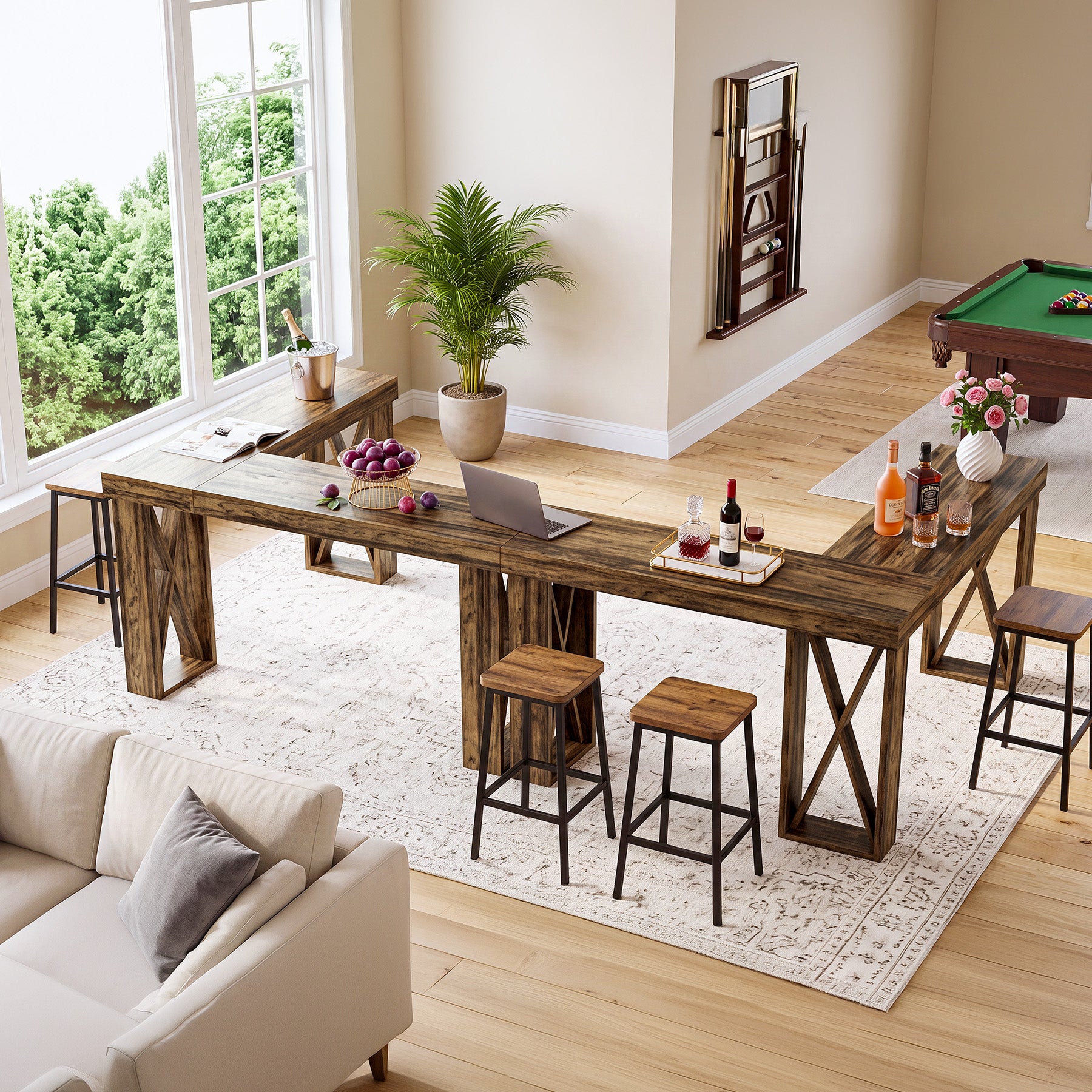 L-Shaped Bar Table, 63" x 55" High Top Corner Dining Table Pub Table with X-Cutout Leg