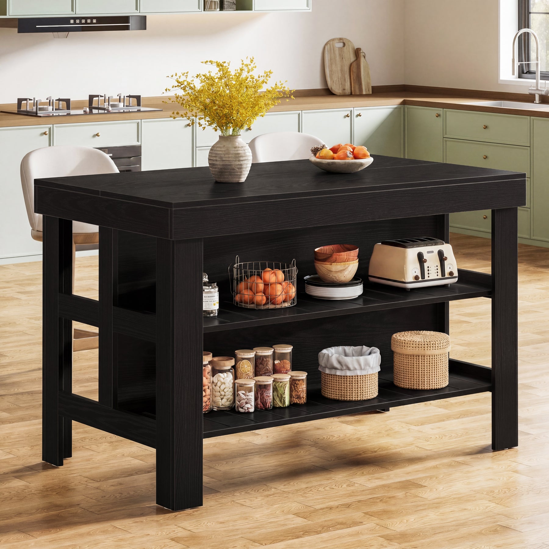 55" Kitchen Island, Breakfast Counter with Seating and Storage Shelves
