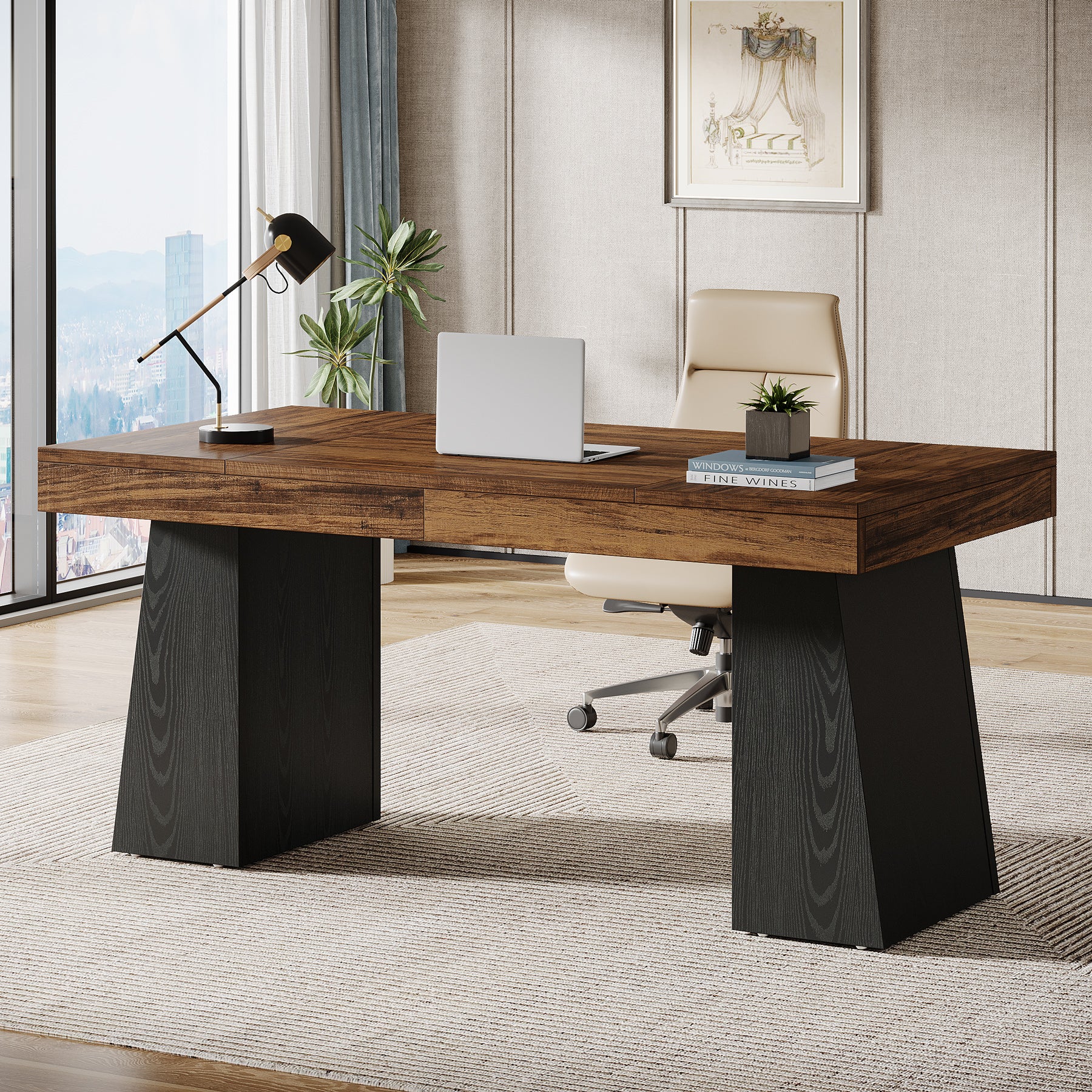 55" Executive Office Desk with Double Trapezoid Base, Modern Wooden Computer Desk for Home Office