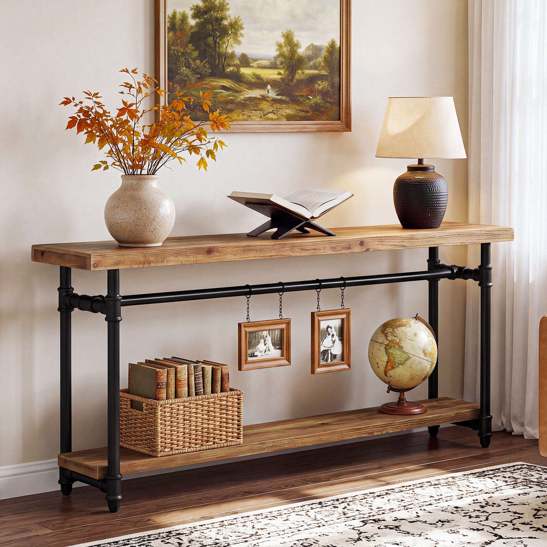 63" Solid Wood Console Table, Narrow Entryway Table with 2-Tier Storage & Metal Pipe Frame