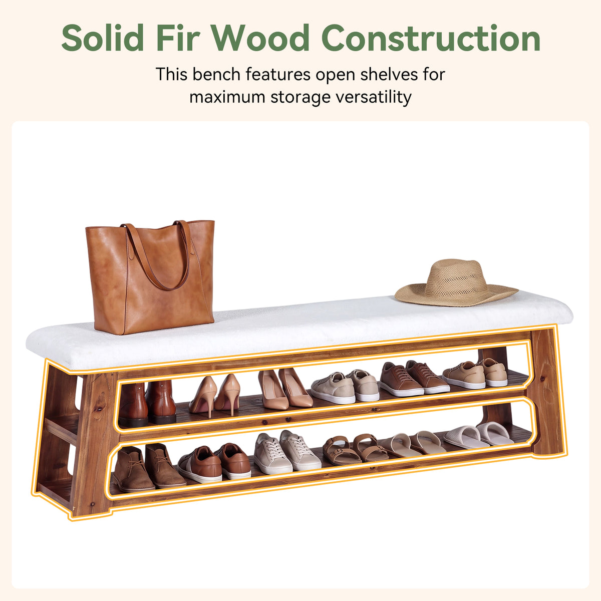 3-Tier Solid Wood Entryway Bench, 63" Shoe Bench with Faux Shearling Cushion for Hallway