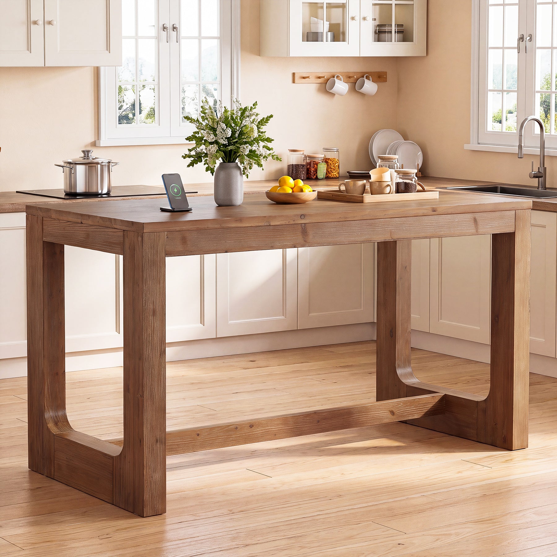 63" Solid Wood Kitchen Island, Dining Room Table with Sturdy Construction