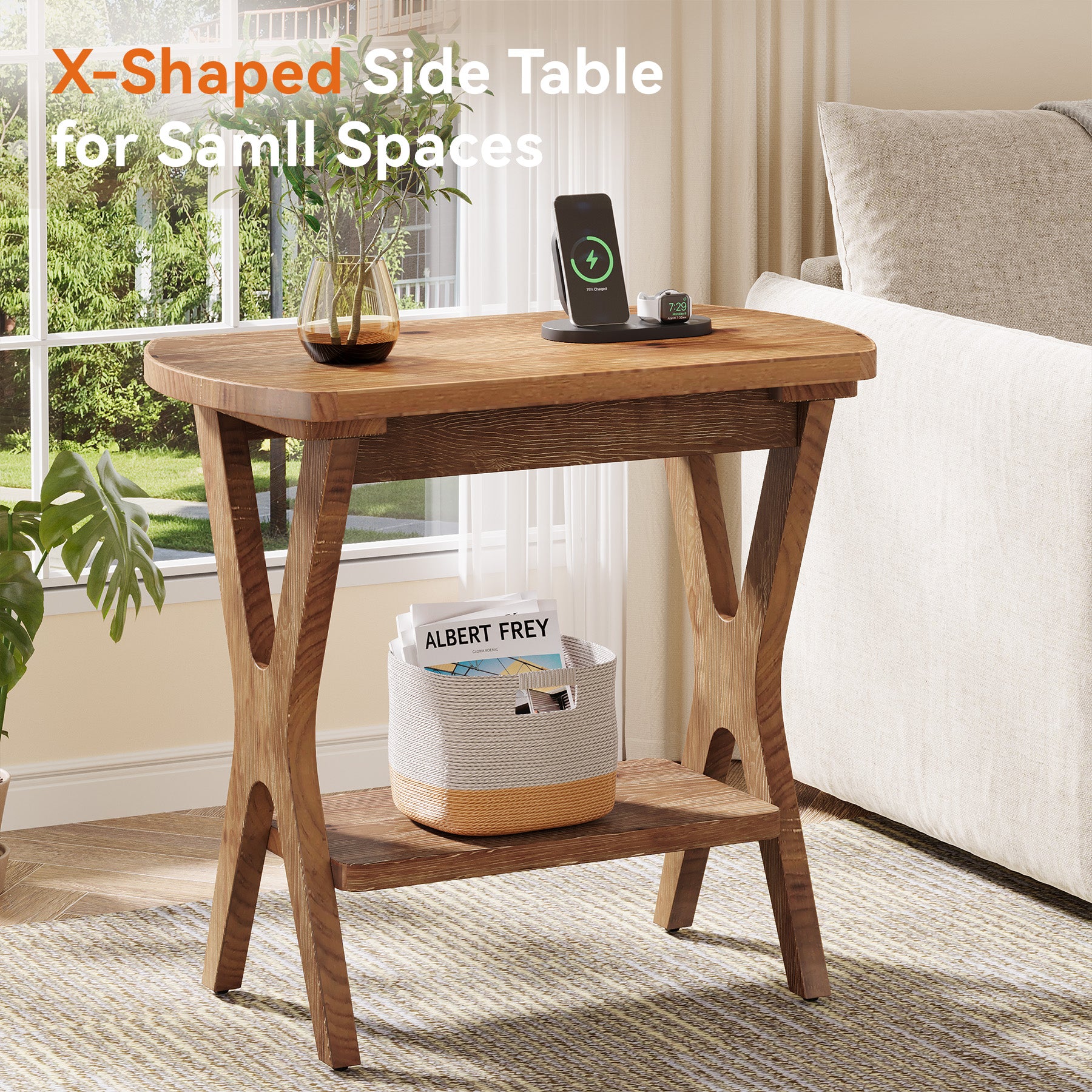 Solid Wood Side Table, 2-Tier End Table Nightstand with Storage for Living Room