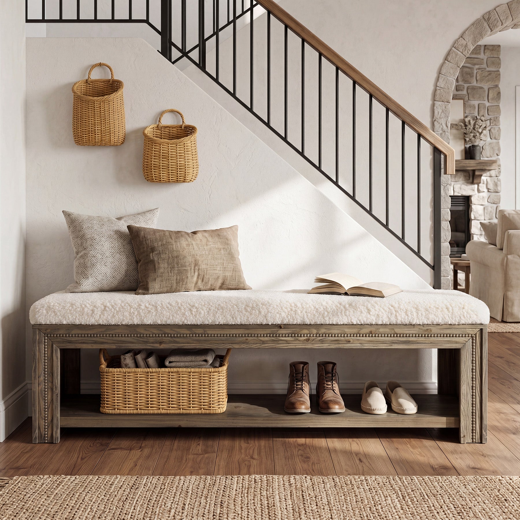 55" Solid Wood Entryway Bench, Upholstered Shoe Bench with Storage Shelf for Hallway