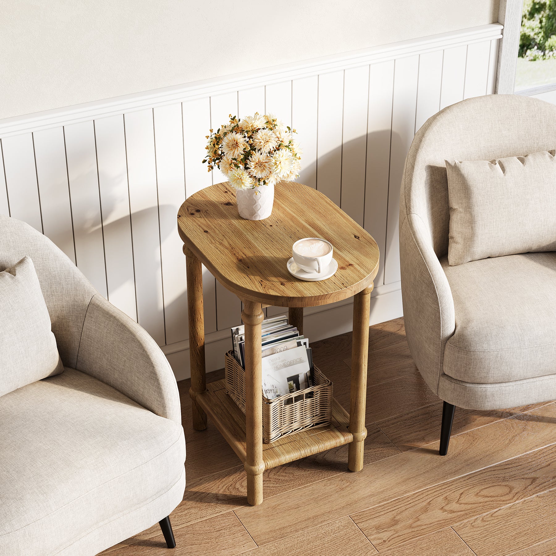 Solid Wood End Table, 2-Tier Oval Side Table with Storage Shelves