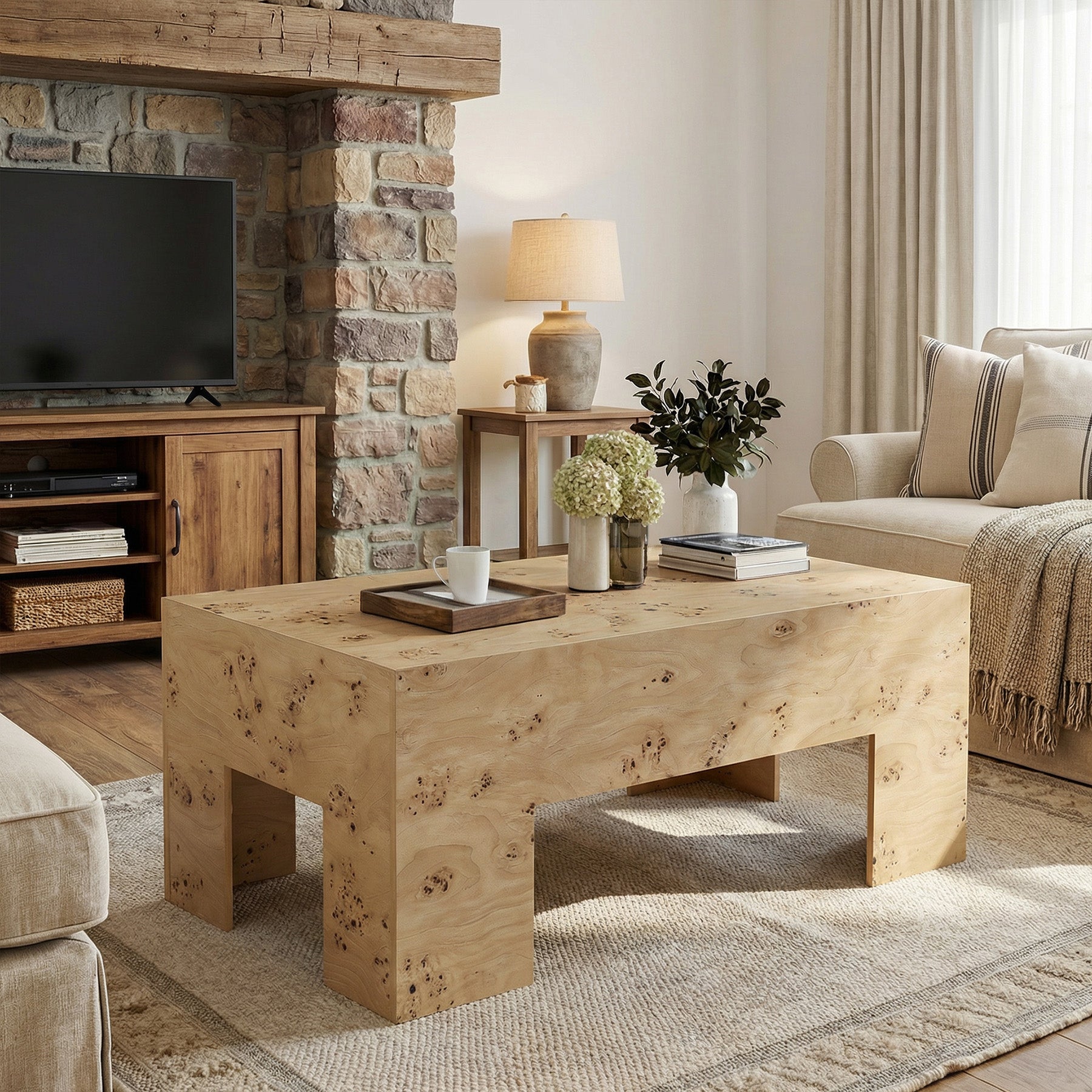 Tribesigns 55.12" Wood Coffee Table, Burl Veneer Center Table for Living Room