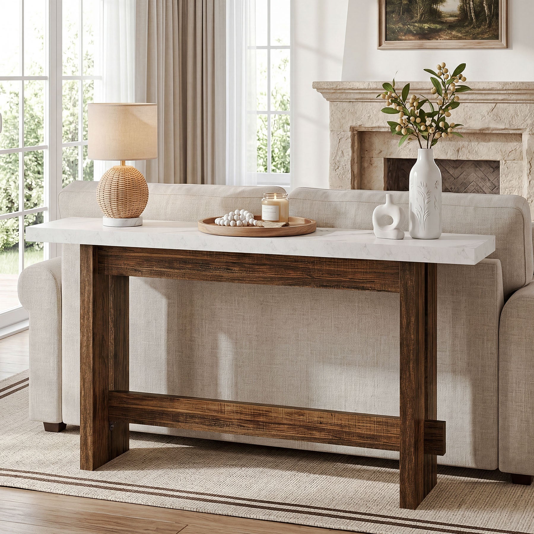 63" Farmhouse Console Table with Faux Marble Top, Narrow Sofa & Entryway Table for Behind Couch