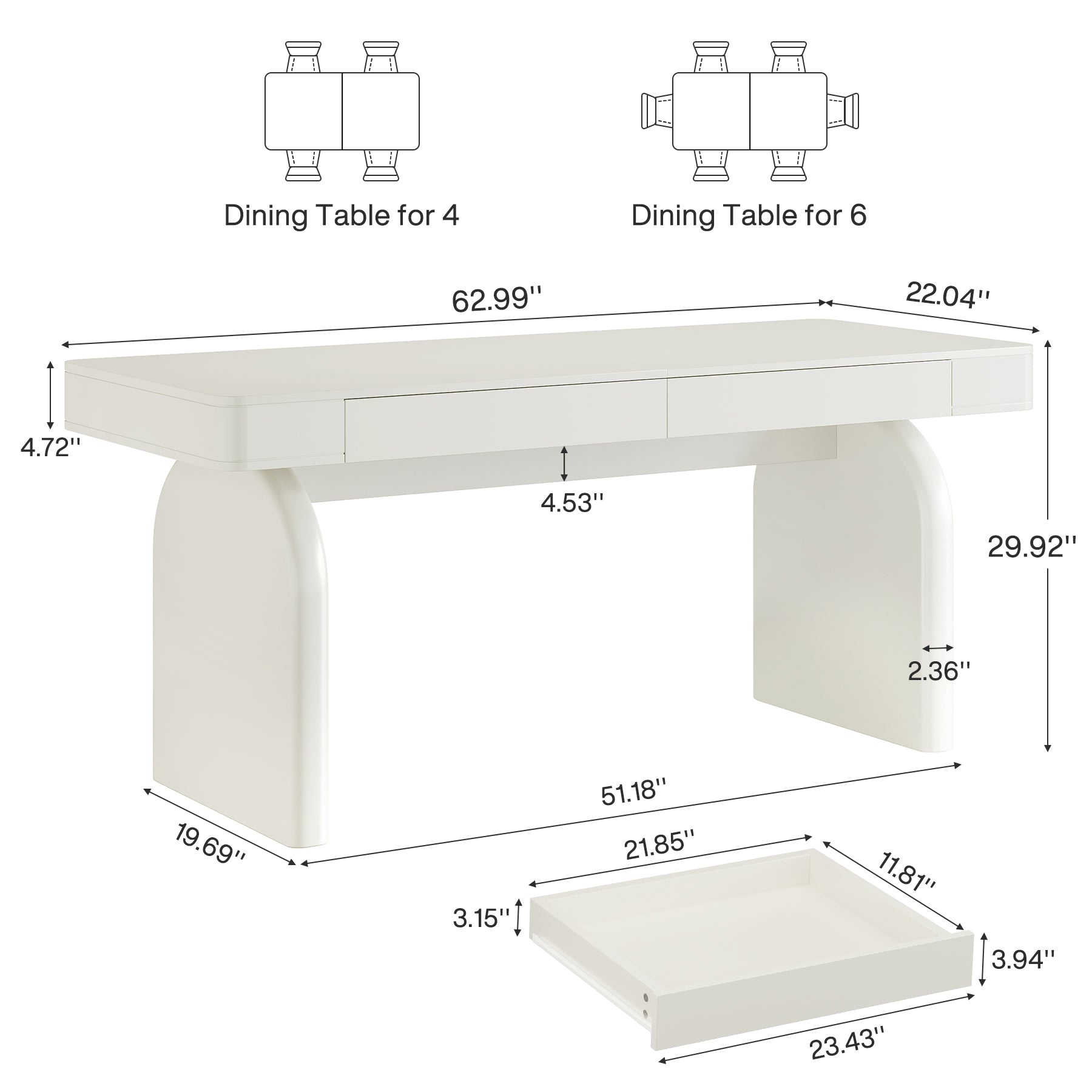 63" Dining Table, Rectangular Kitchen Table with 2 Drawers for 4-6 People
