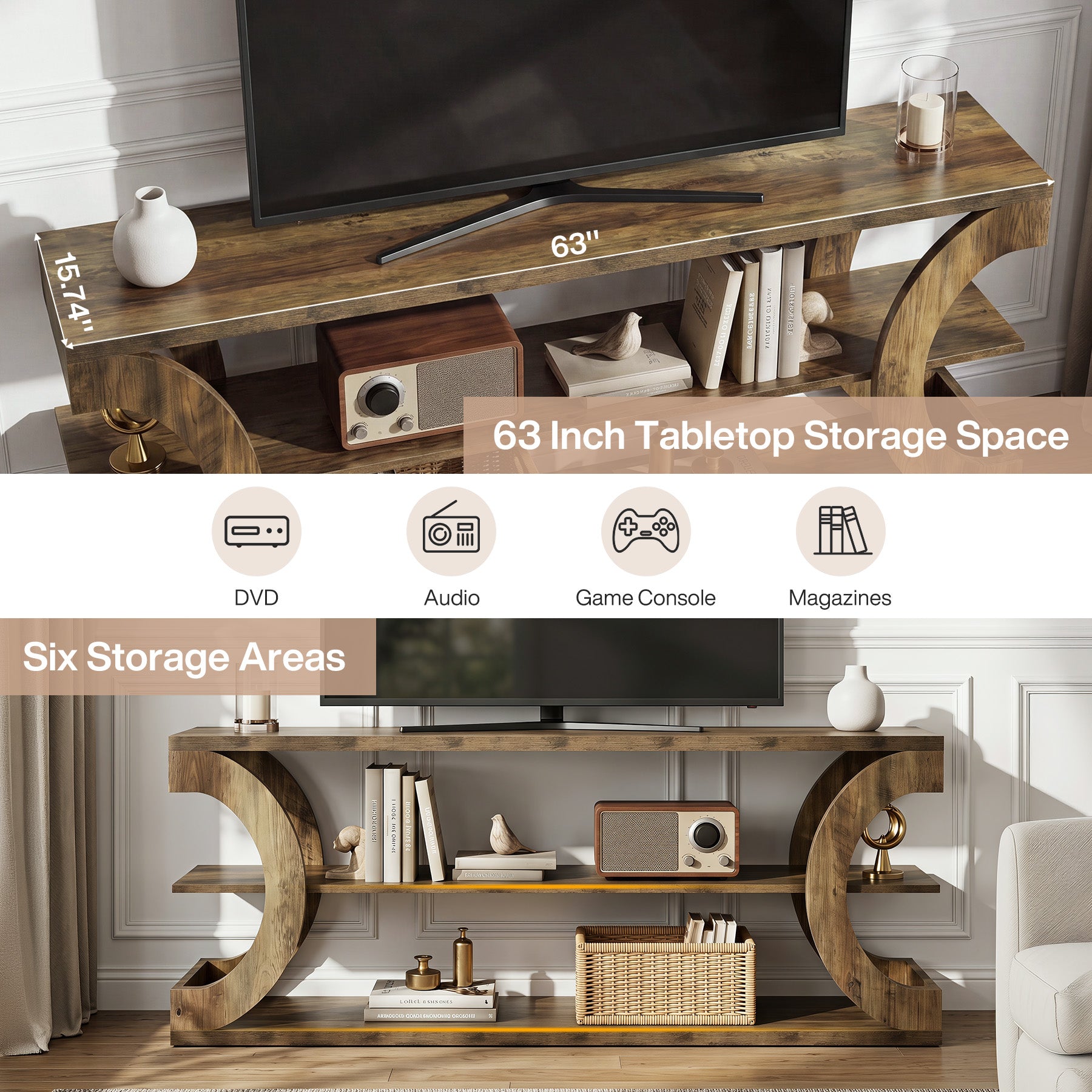 63" TV Stand for TVs up to 70", Farmhouse Entertainment Center with Shelves for Living Room