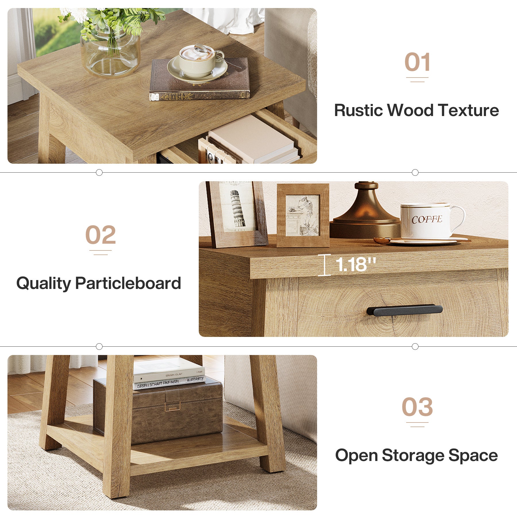 End Table with Drawer, 2 -Tier Wooden Side Table with Shelf Storage