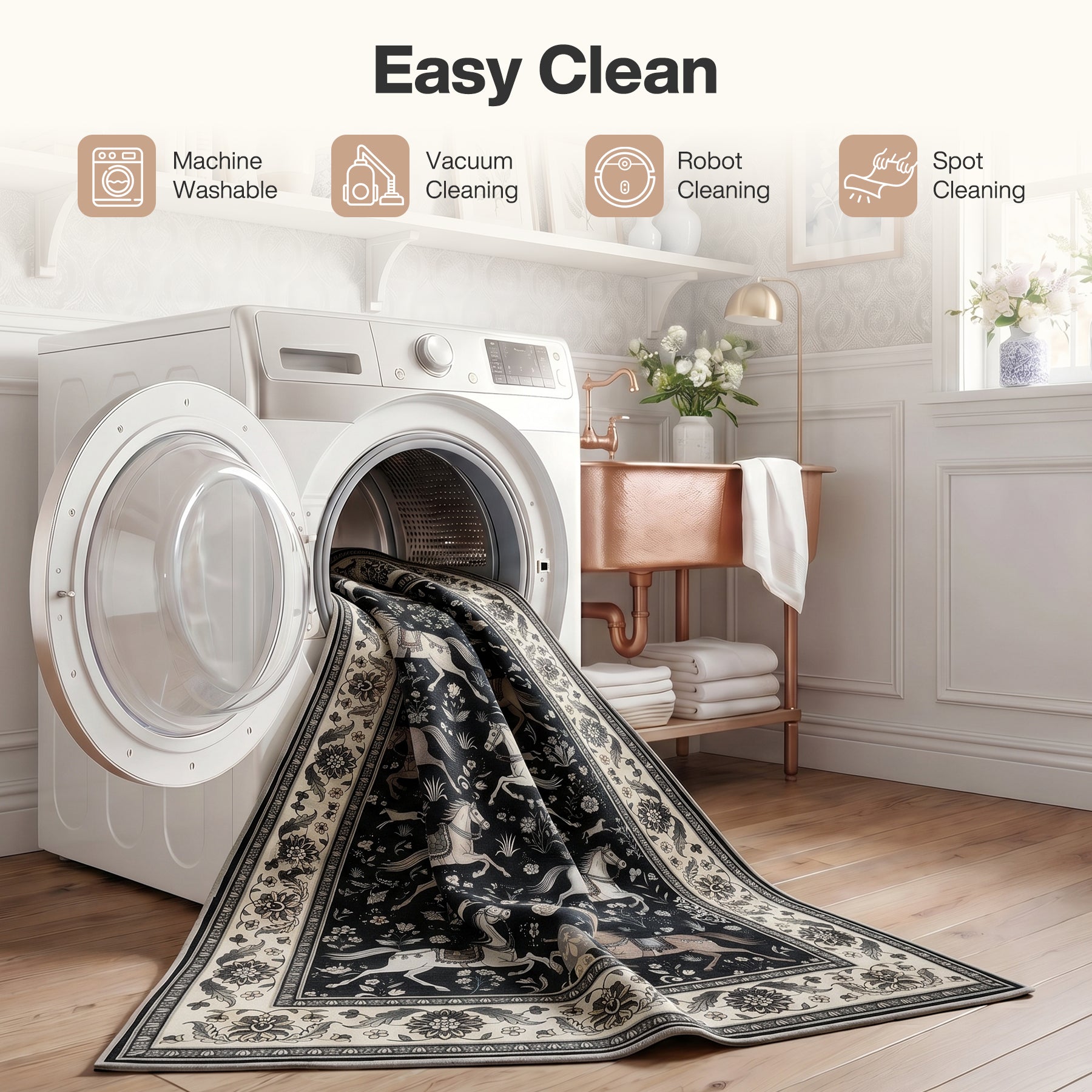 5x7 Boho Horse Print Area Rug, Vintage Animal Washable Non-Slip Carpet with Tassels, Oeko-Tex Certified