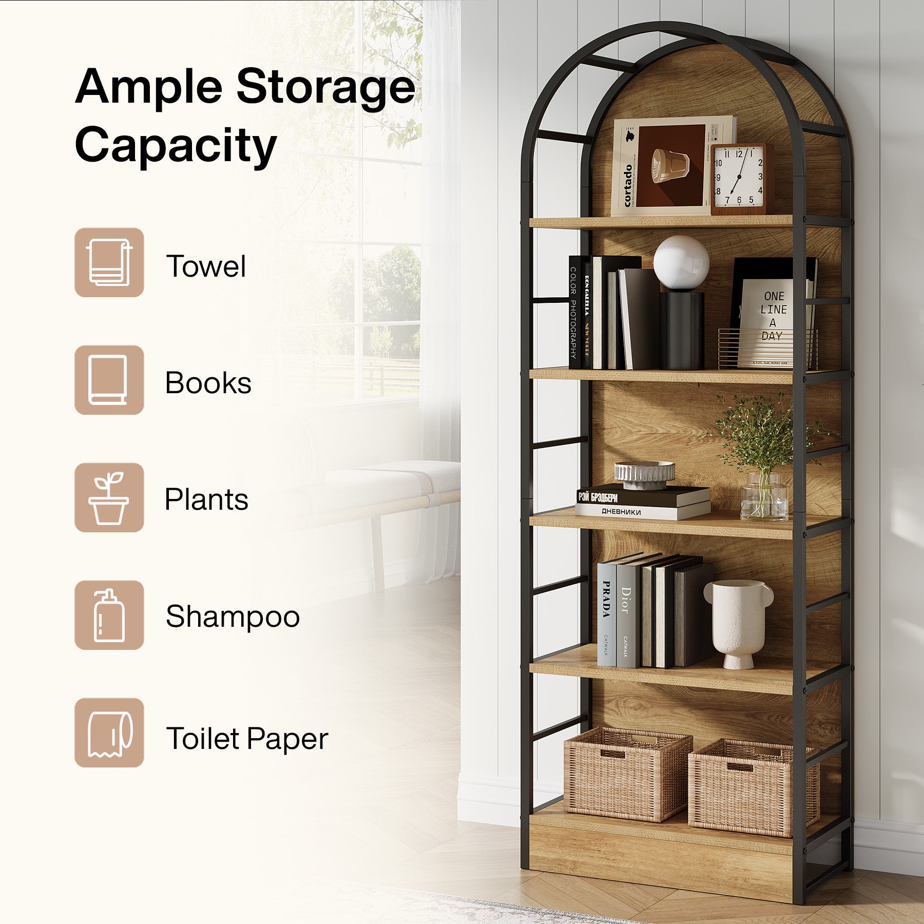 5 Tier Arched Bookcase, 70.8" Industrial Bookshelves for Living Room