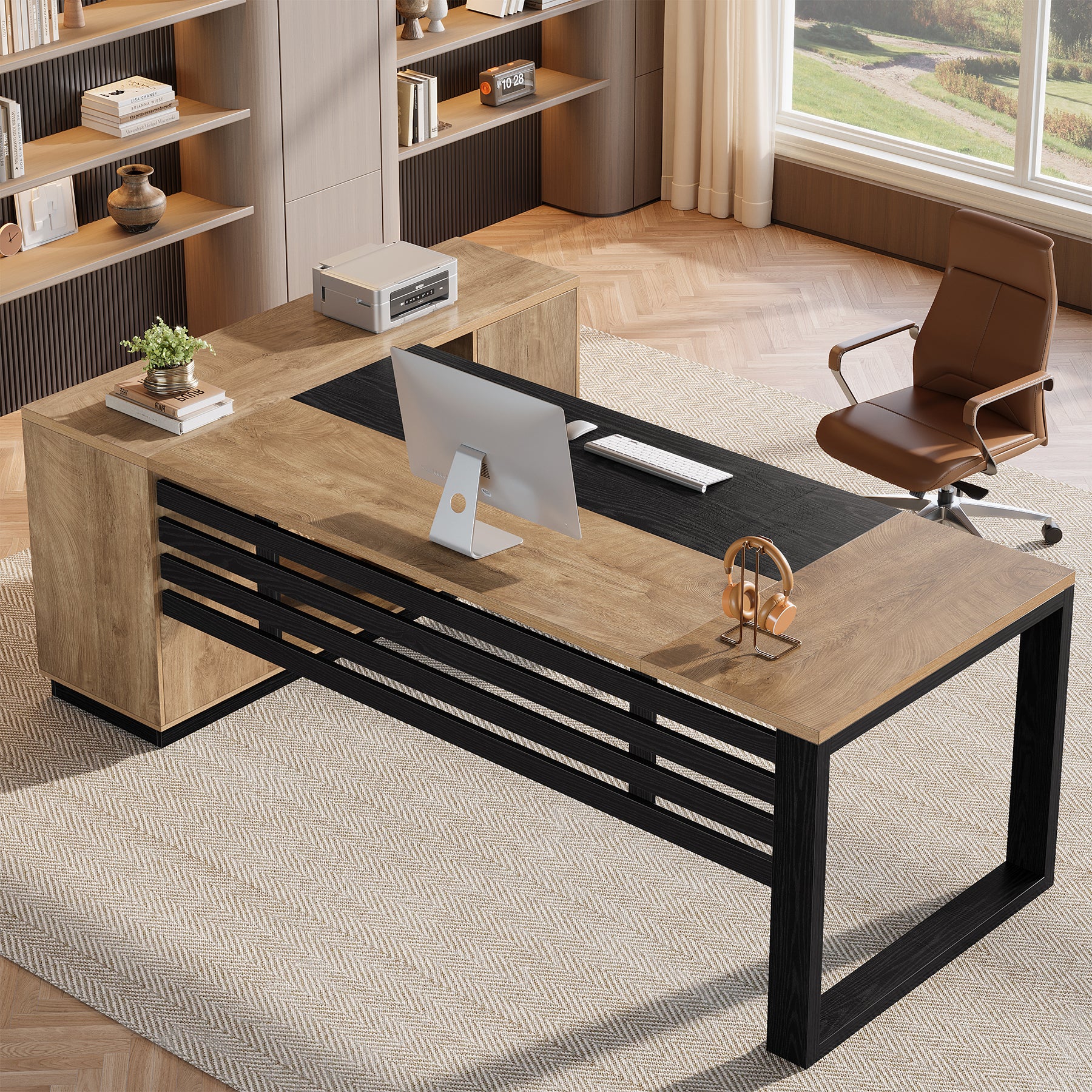 78" L-Shaped Executive Desk, Modern Office Desk with Cabinet Storage & Shelves