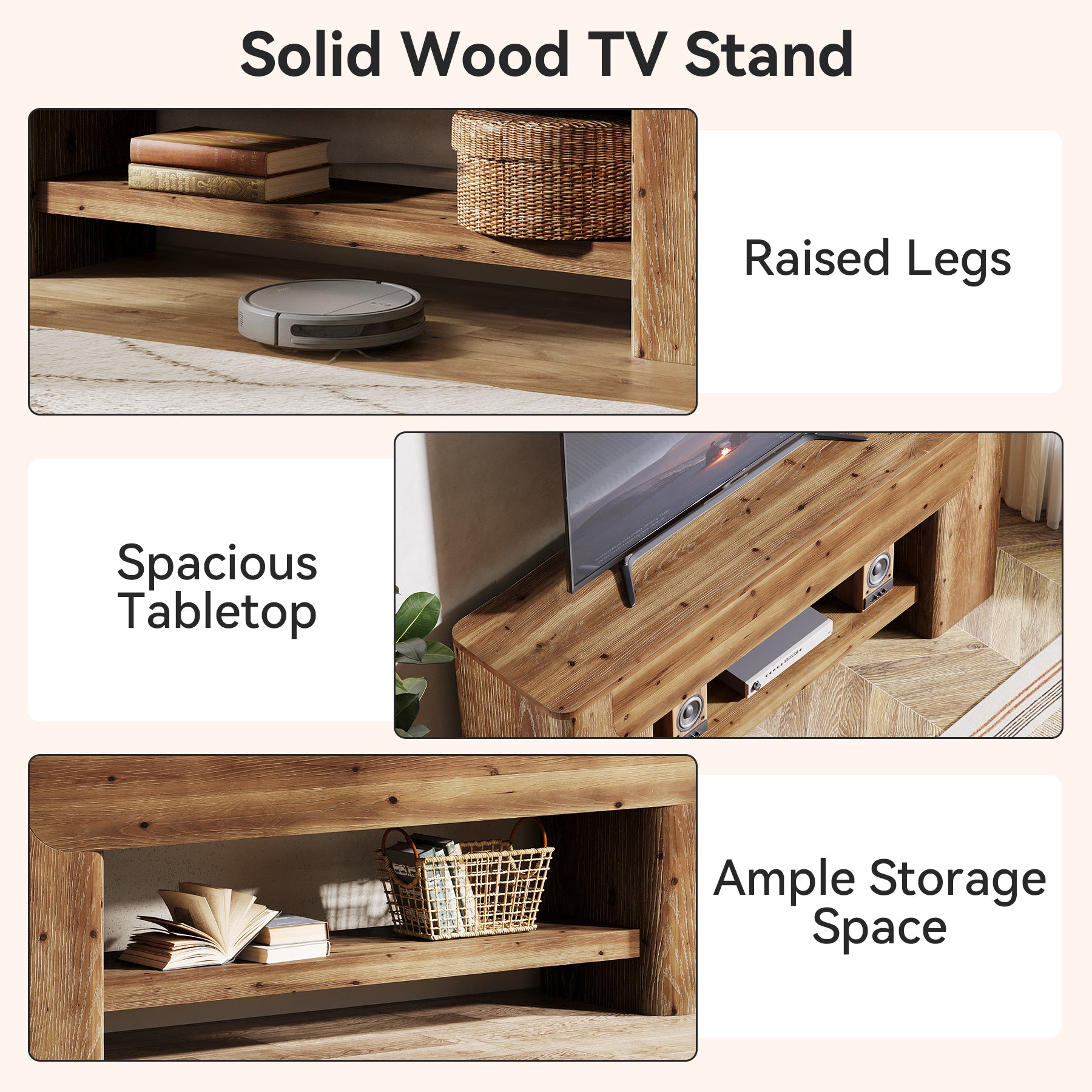 63" Solid Wood TV Stand for Up to 75" TVs, Farmhouse Entertainment Center with Open Shelf Storage for Living Room or Bedroom