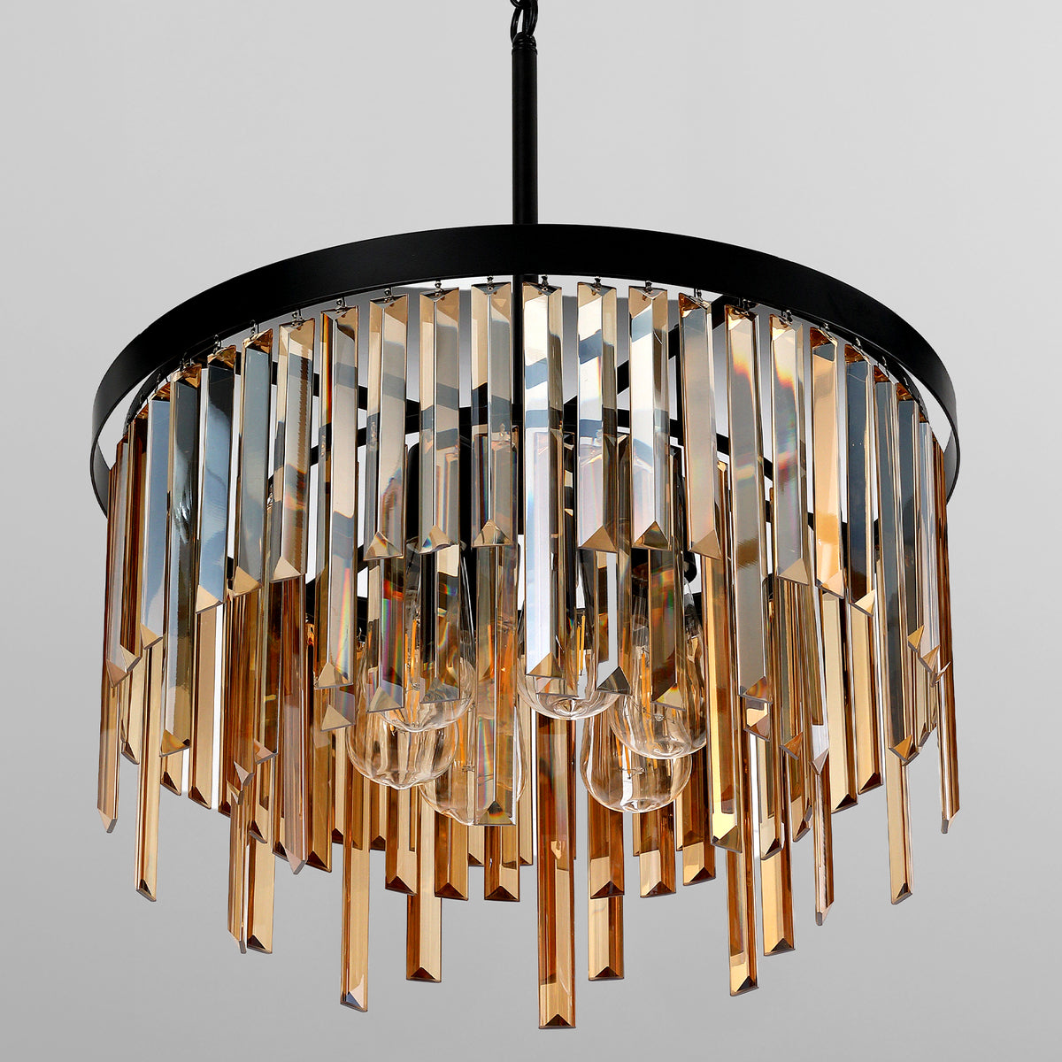 20" Modern Crystal Chandelier, 6-Light Black Pendant Light with Amber Crystal