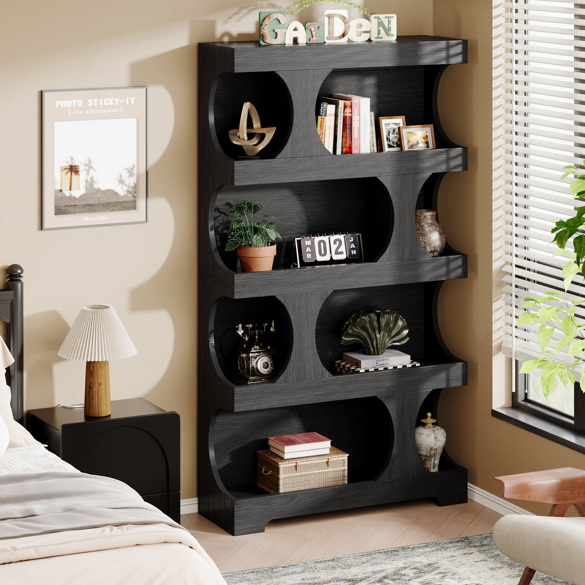 71" Bookshelf, 4-Tier S-Shaped Bookcase Freestanding Display Shelves
