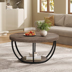 Wooden Coffee Table, 2-Tier Round Central Cocktail Table with Shelves