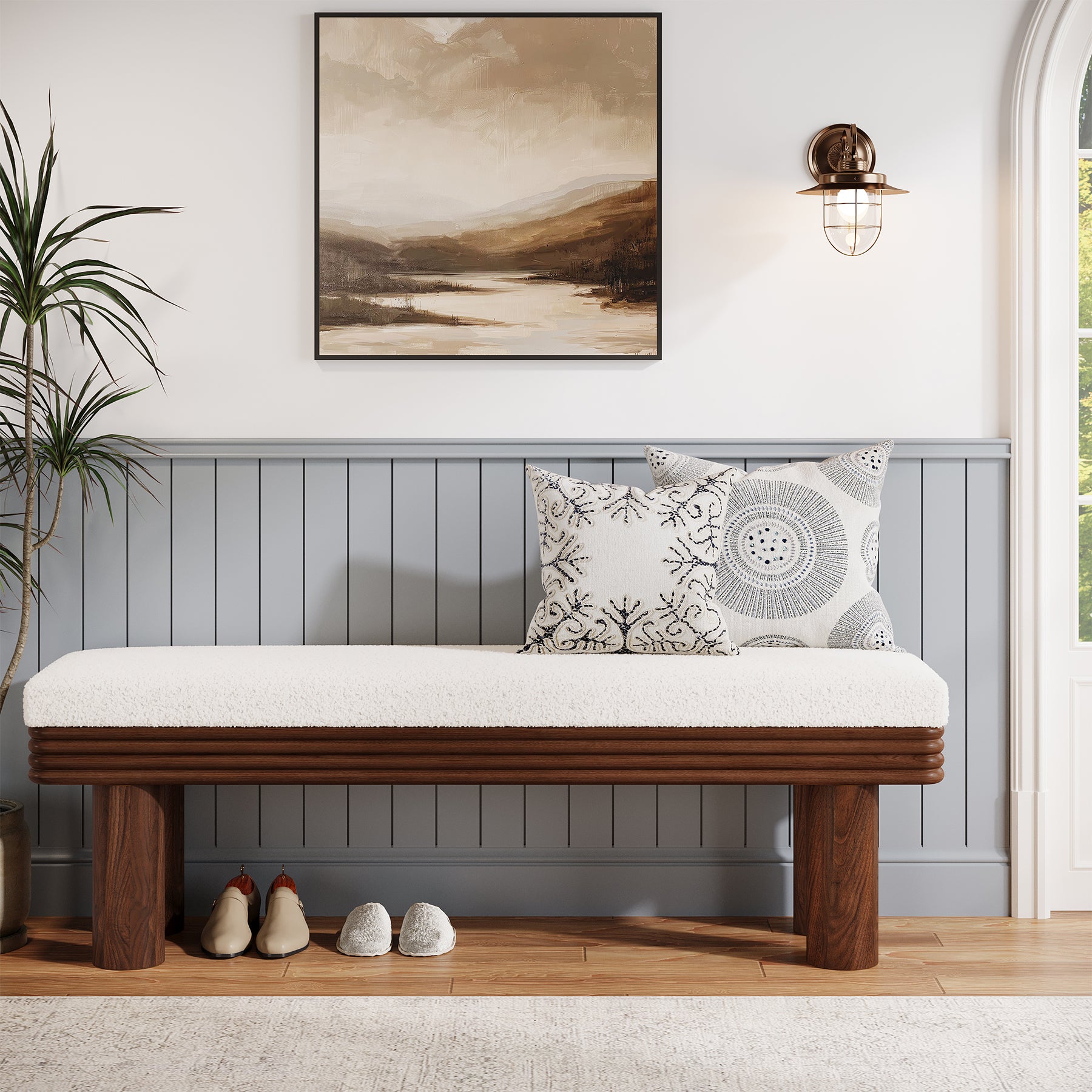 55" Upholstered Entryway Bench, Modern Shoe Bench with Faux Shearling Padded Seat