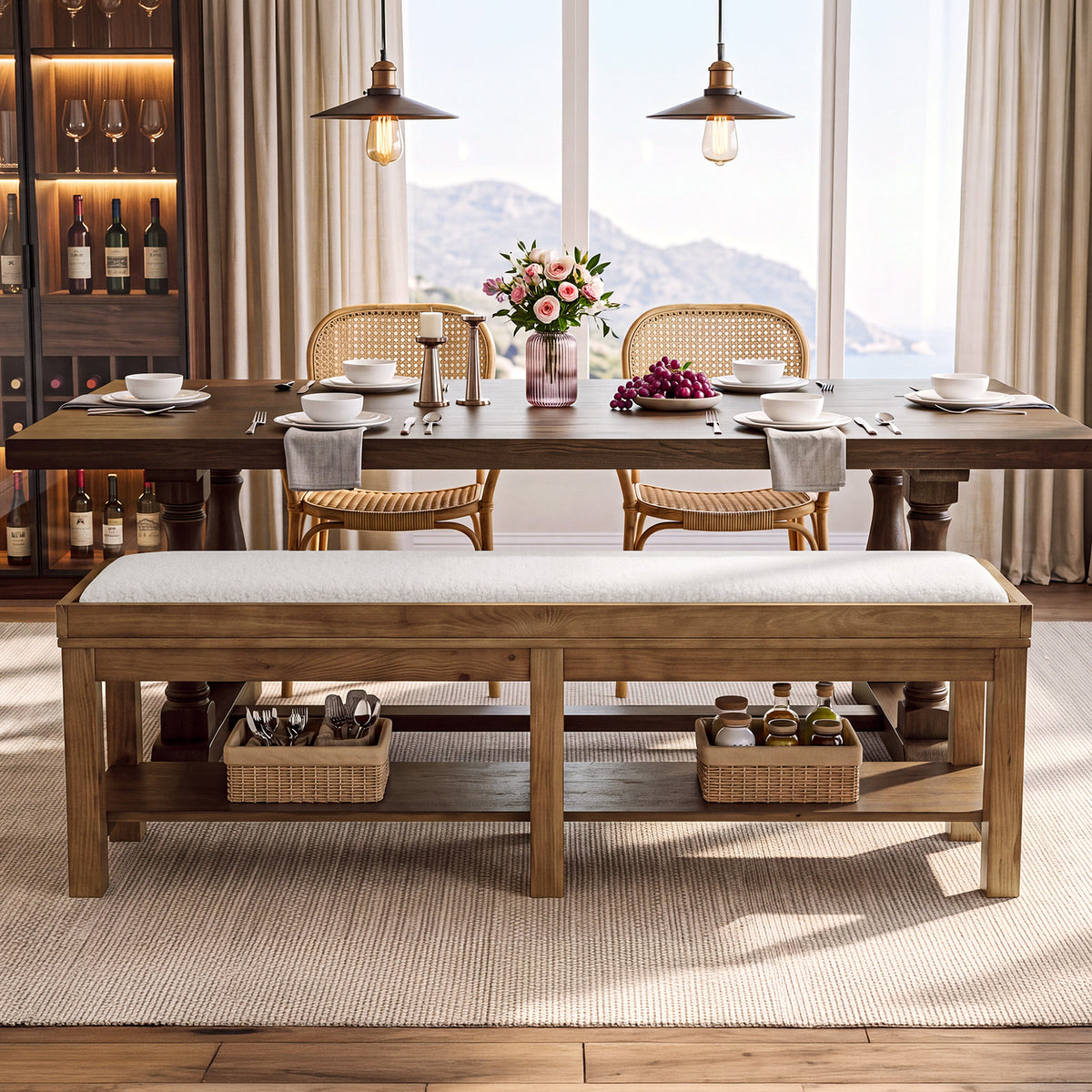 63" Solid Wood Dining Bench, Upholstered Kitchen Bench with Lower shelf