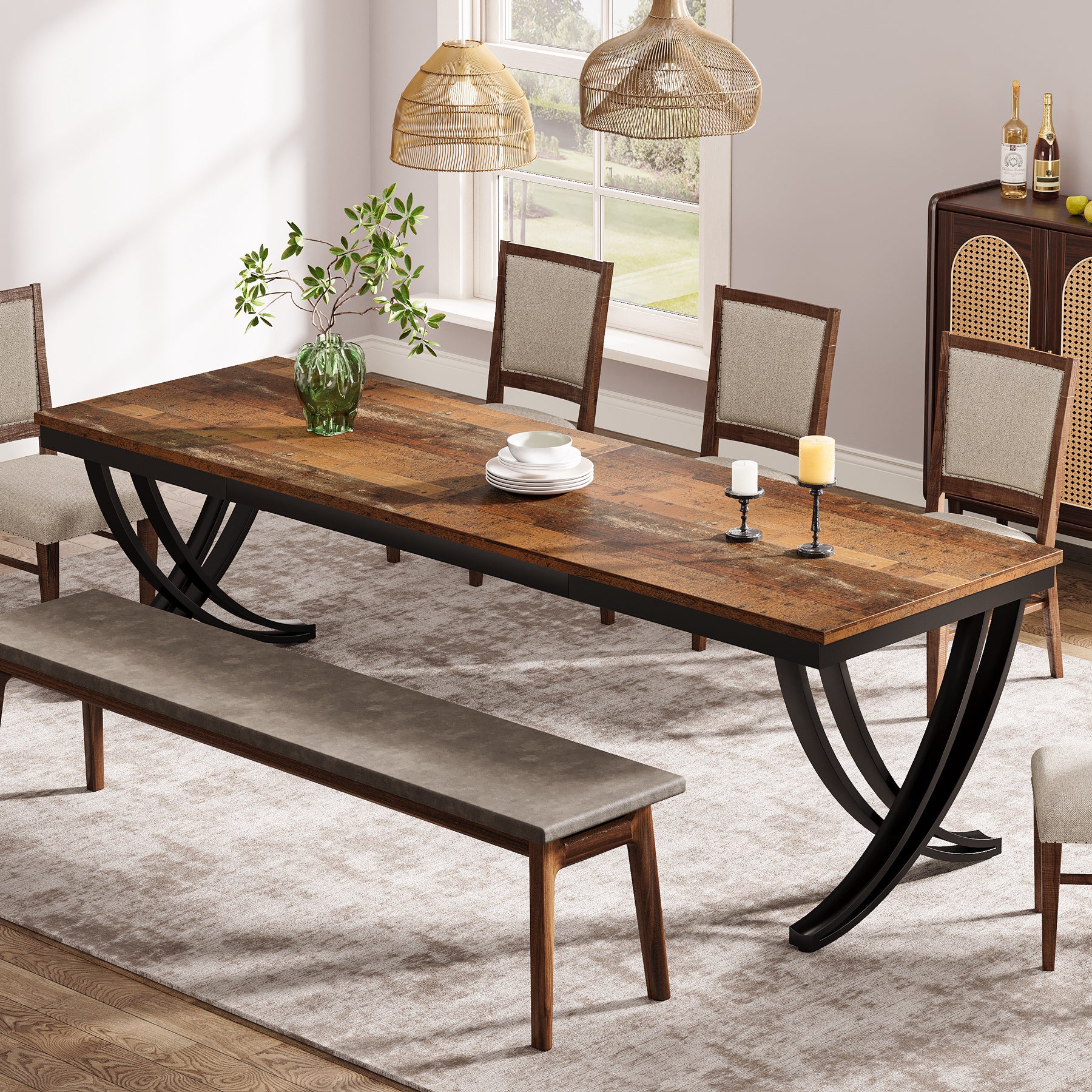 Rectangular Dining Table for 6-8, 78" Farmhouse Dinner Table with Metal Legs