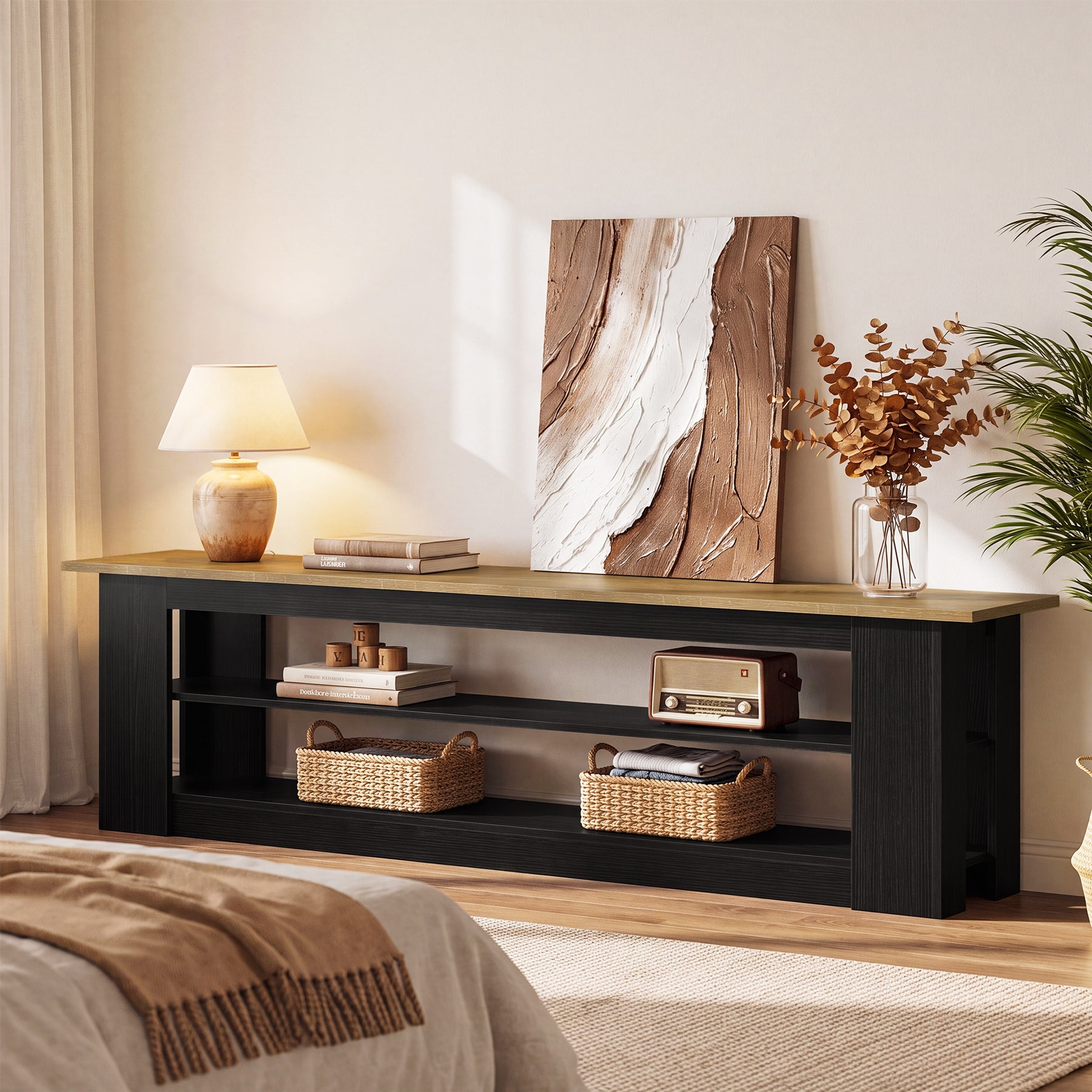 70.87" TV Stand for TVs up to 80", Farmhouse Entertainment Center with Storage Shelves