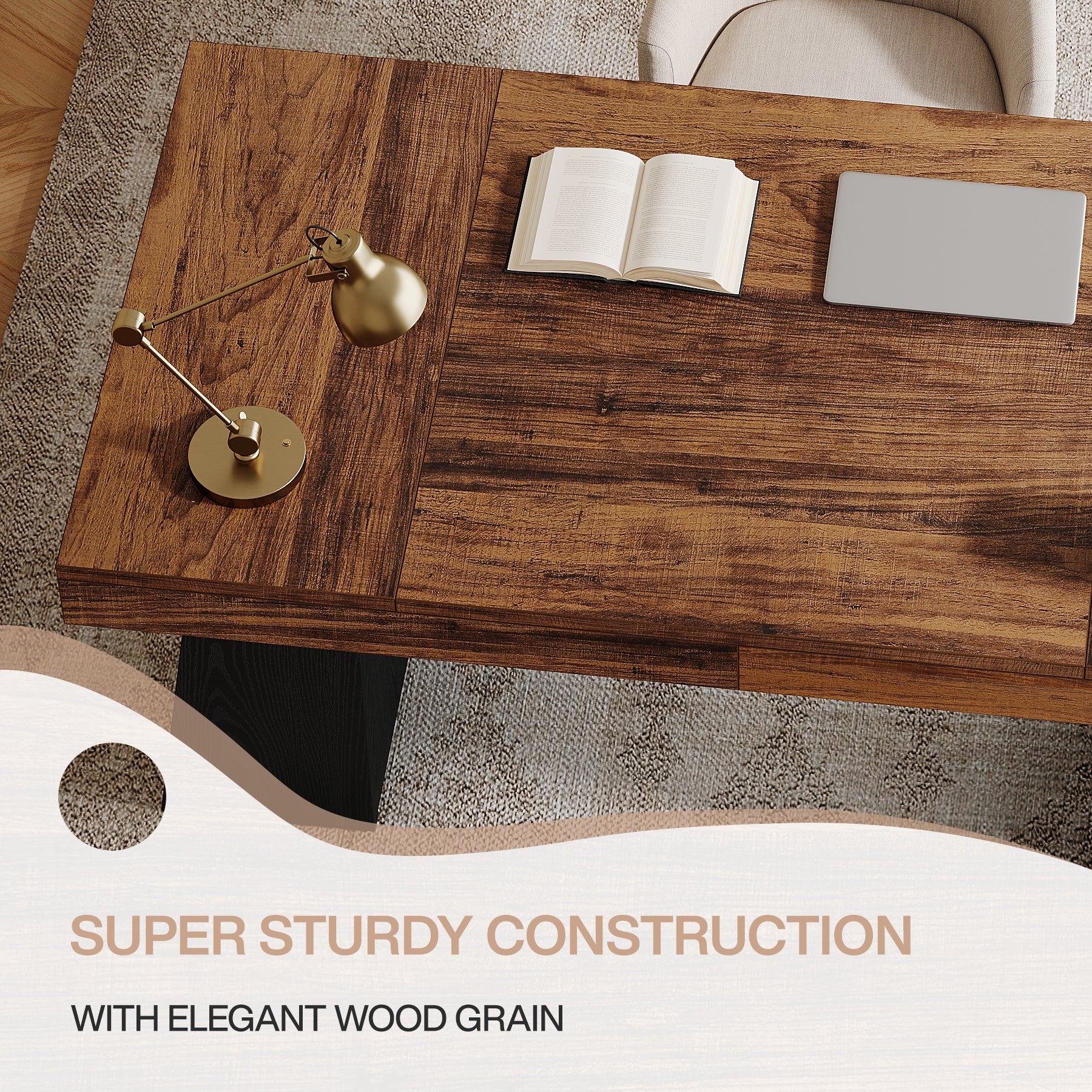 55" Executive Office Desk with Double Trapezoid Base, Modern Wooden Computer Desk for Home Office