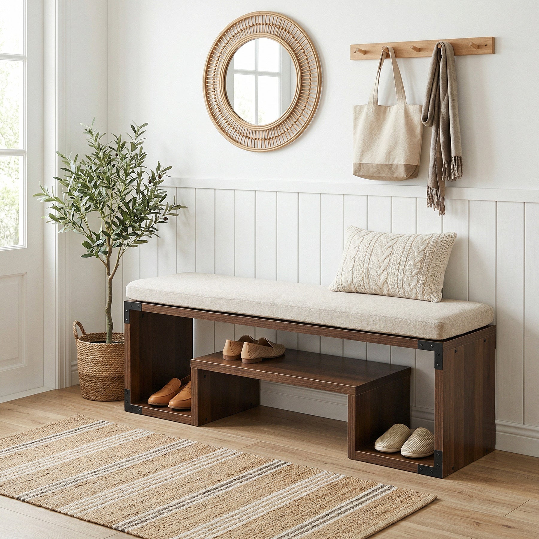47" Shoe Bench, Entryway Bench with Cushion and Storage Shelf