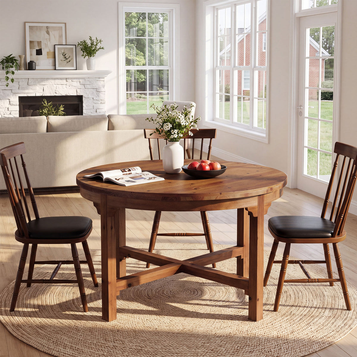 Solid Wood Round Dining Table, 47" Farmhouse Kitchen Table with Cross Base for 4