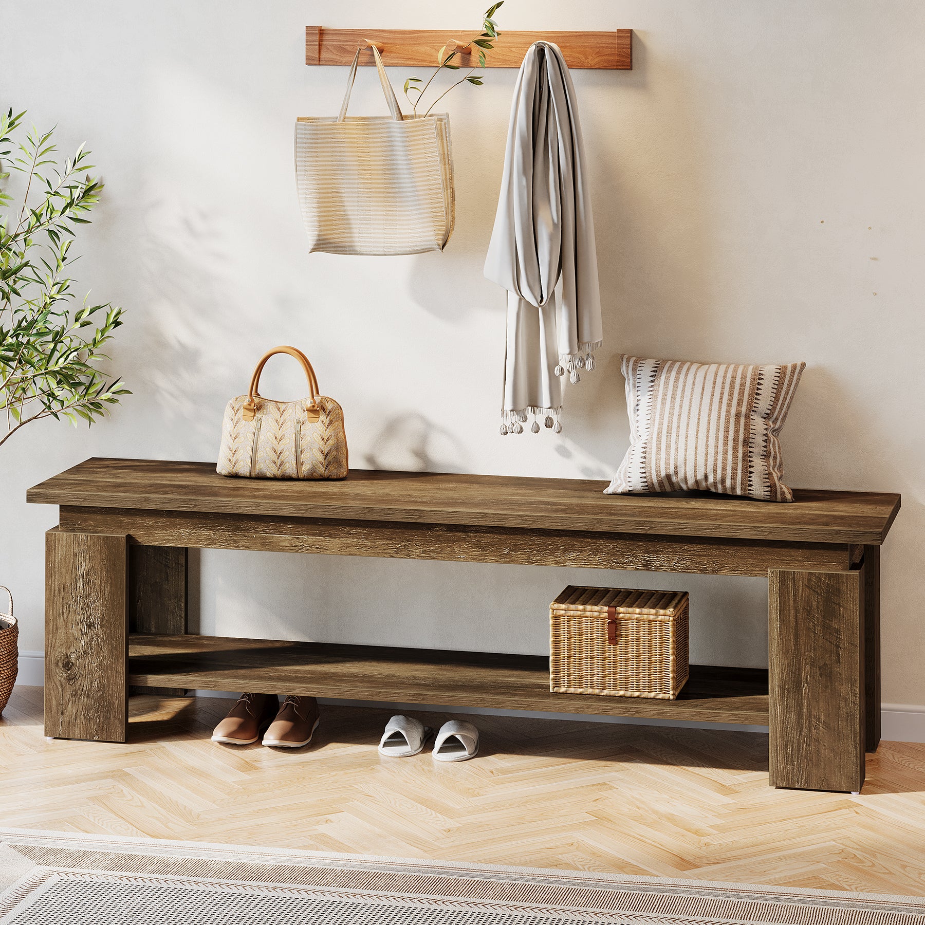 63" Entryway Bench, Farmhouse Shoe Bench End of Bed Bench with Storage Shelf