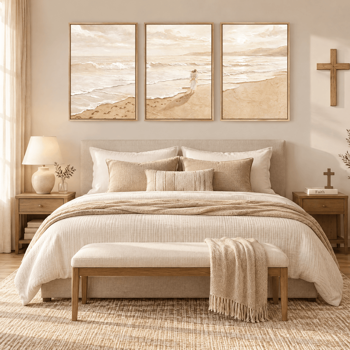 Tribesigns 3-Piece Christian Footprints Wall Art, Beach Framed Canvas Prints
