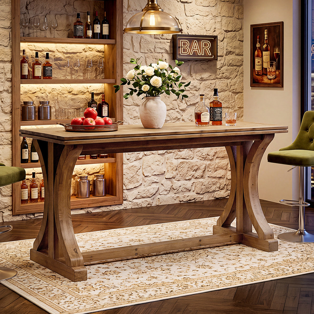 63" Counter Height Pub Table, Farmhouse Solid Wood Bar Table with X-Shaped Legs