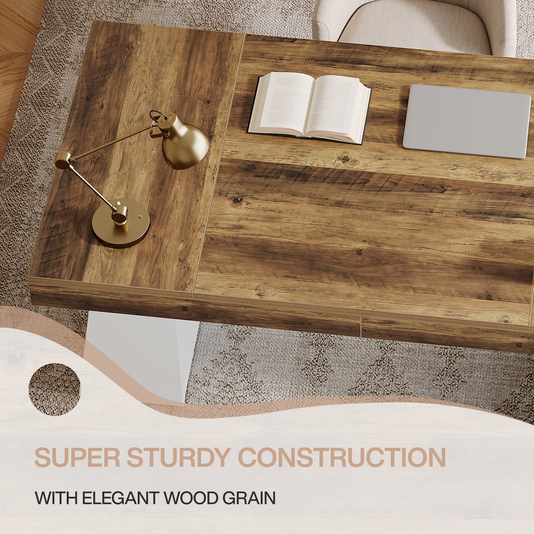 55" Executive Office Desk with Double Trapezoid Base, Modern Wooden Computer Desk for Home Office