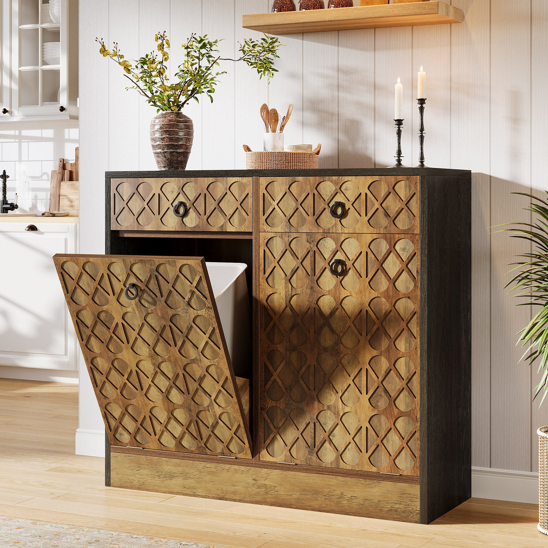 Tilt Out Trash Can Cabinet, 10 Gallon Laundry Sorter Cabinet with 2 Drawers