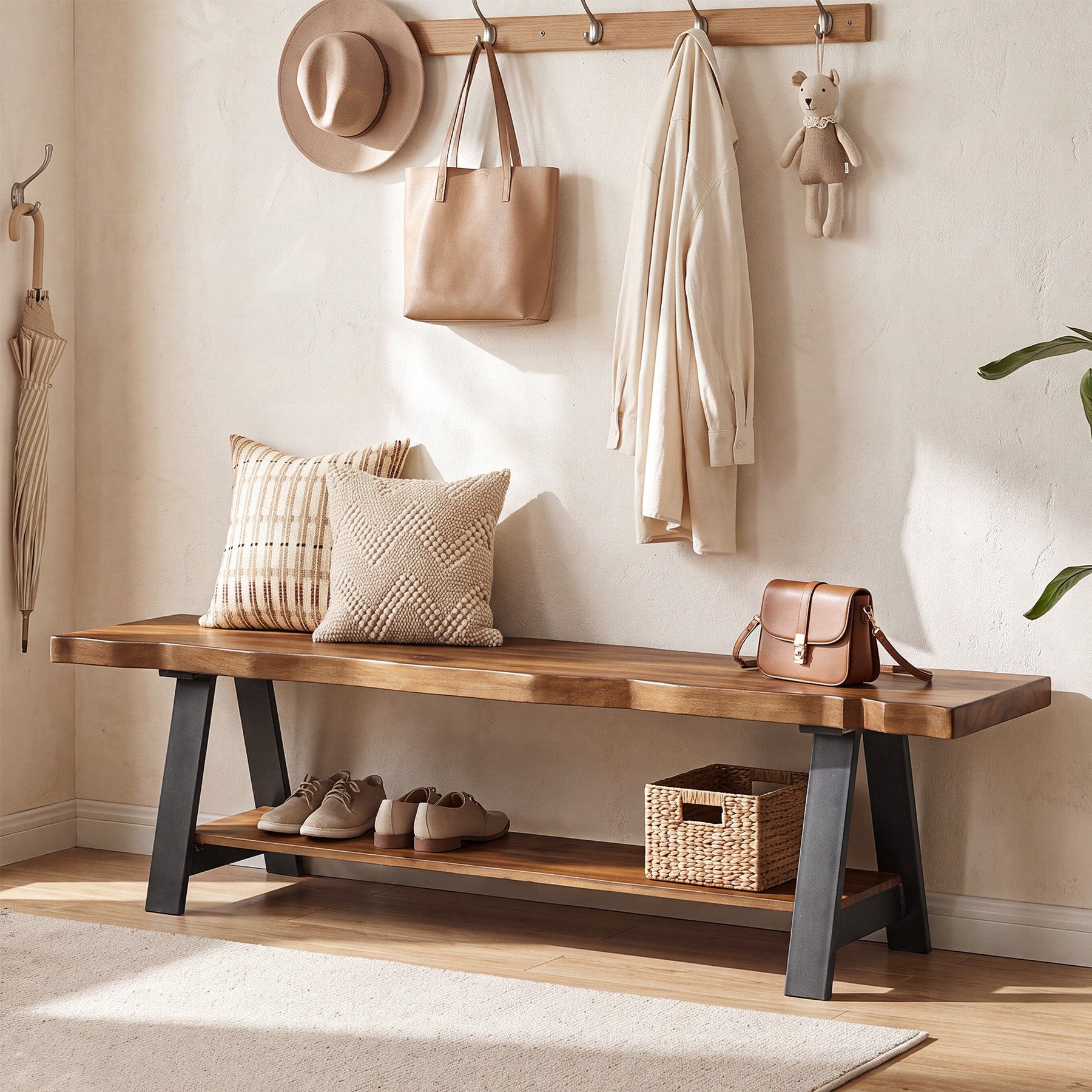55" Solid Wood Entryway Bench, Farmhouse Shoe Bench with Under Storage Shelf