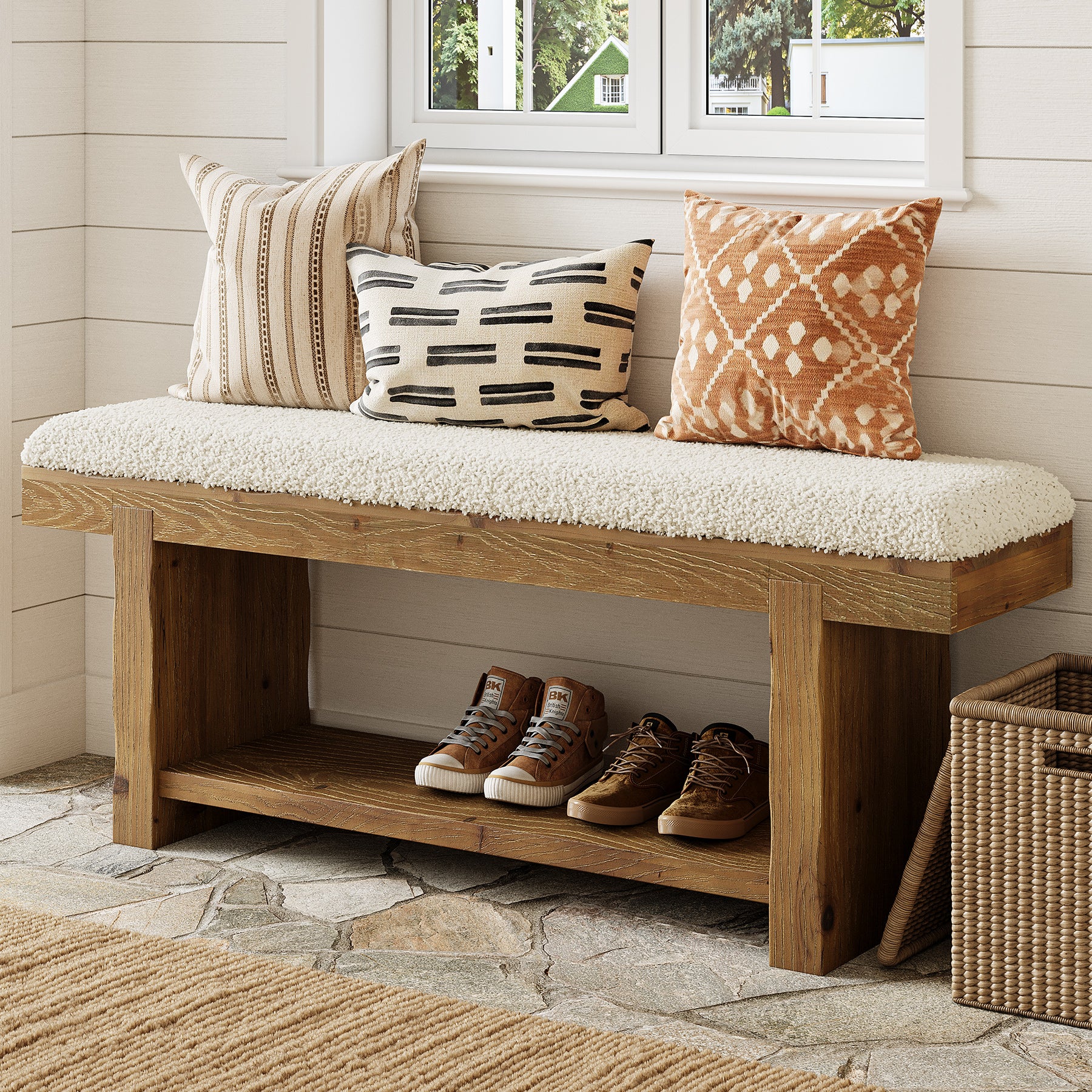 47.2" Solid Wood Farmhouse Bench, Upholstered Storage for Entryway