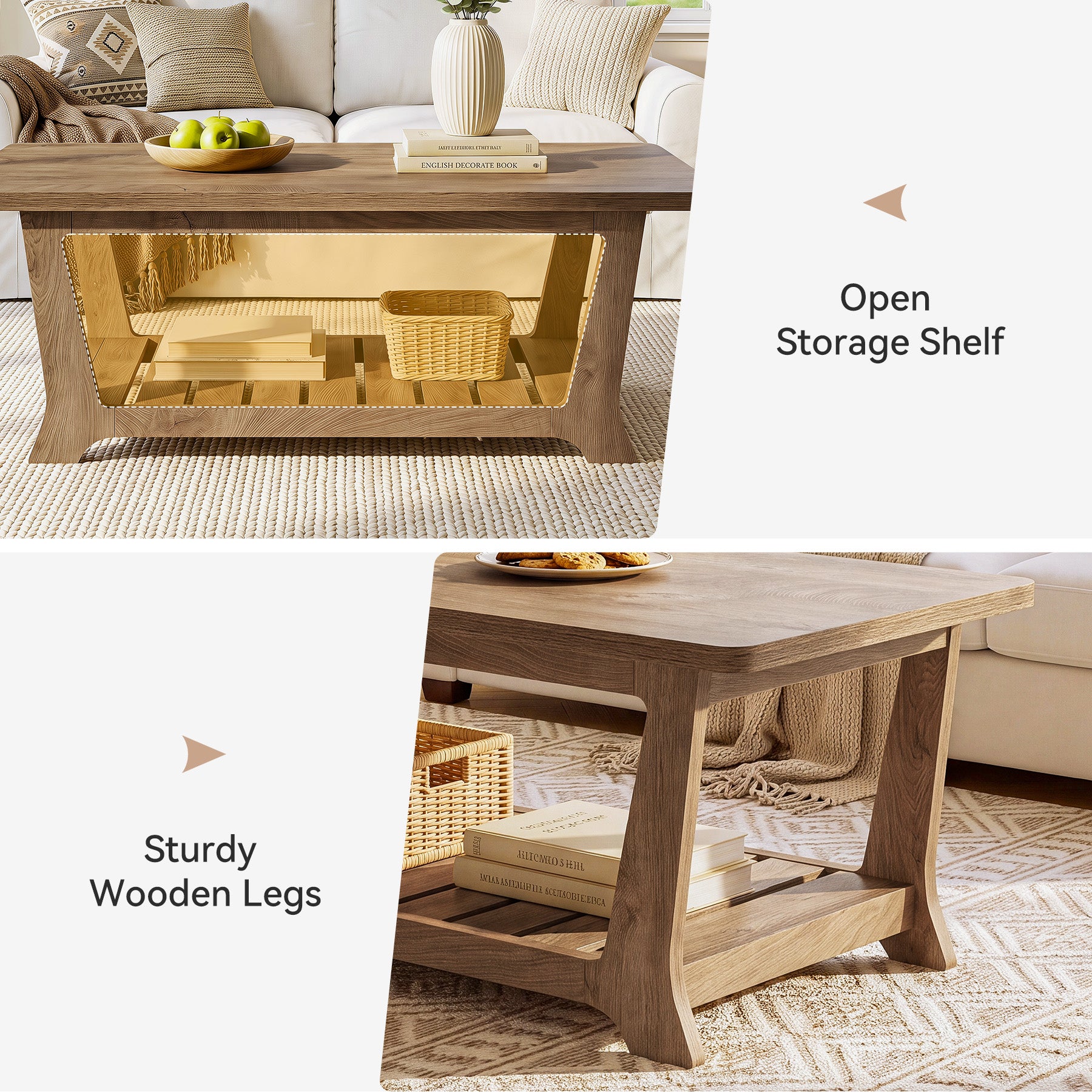 Rectangle Coffee Table, 47.24" Farmhouse Center Table with Shelves for Living Room